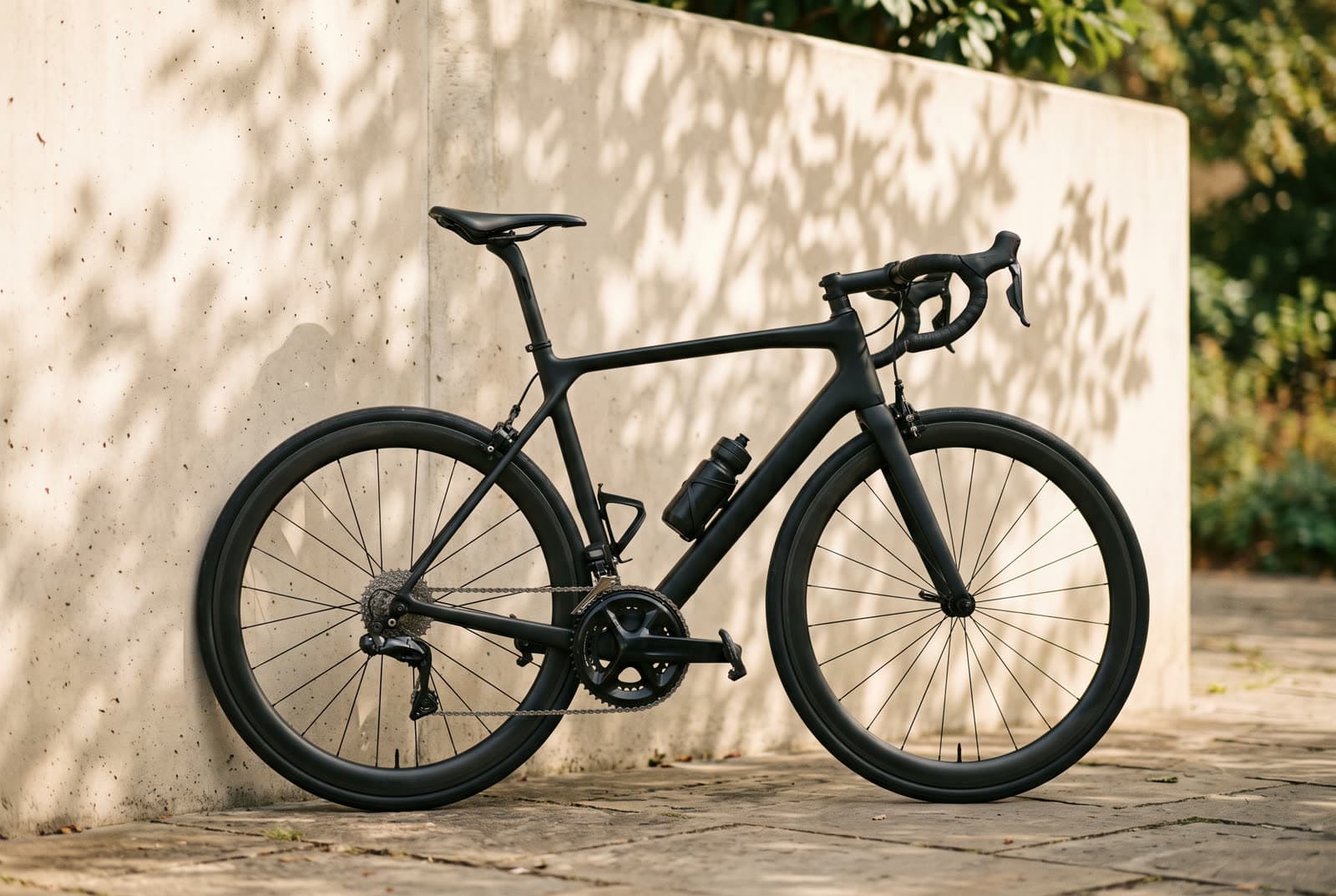 Schwarzes Carbon-Rennrad an einer hellen Betonwand, über die weiches Blattschattenspiel fällt.