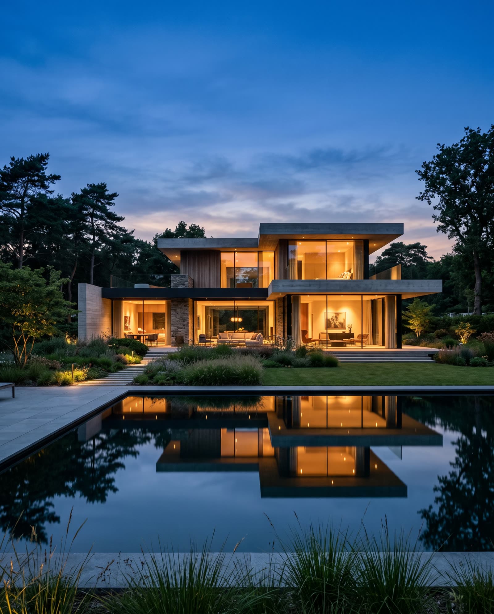 Moderne Architektenvilla in der Dämmerung, grosse Glasflächen mit warmem Licht, Pool im Vordergrund.