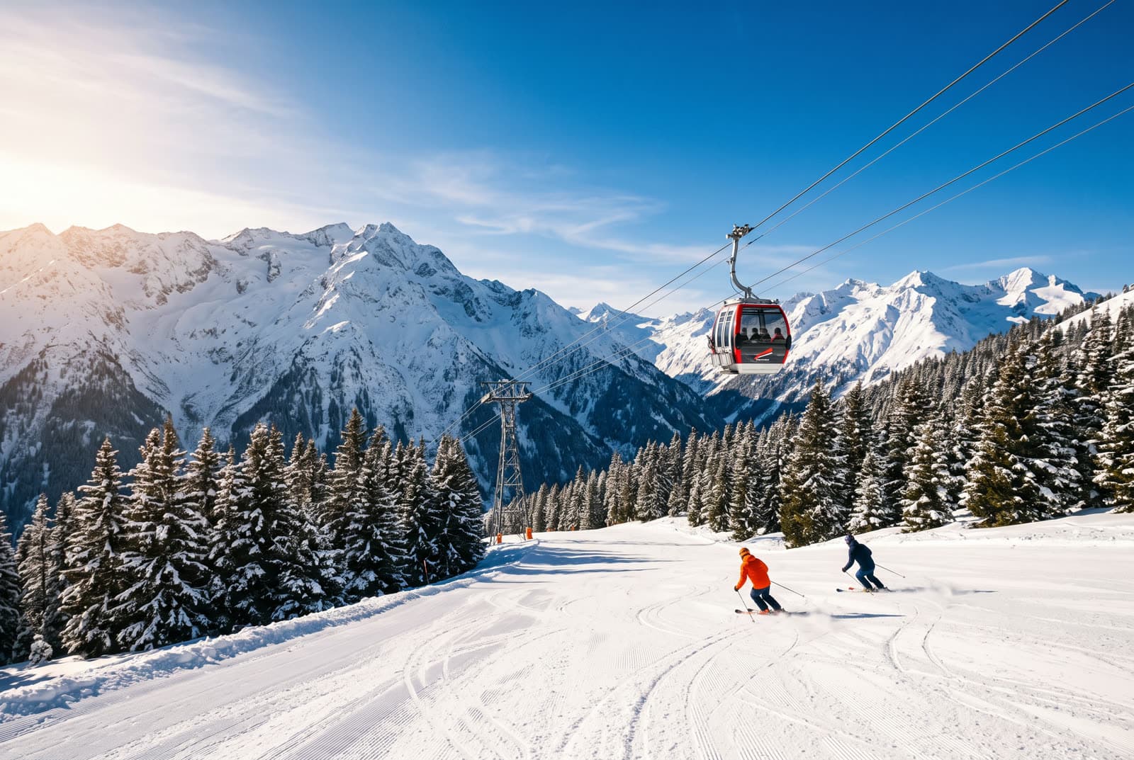 Sonnige Skipiste mit verschneiten Tannen, darüber eine Gondelbahn, zwei Skifahrer im Hang.