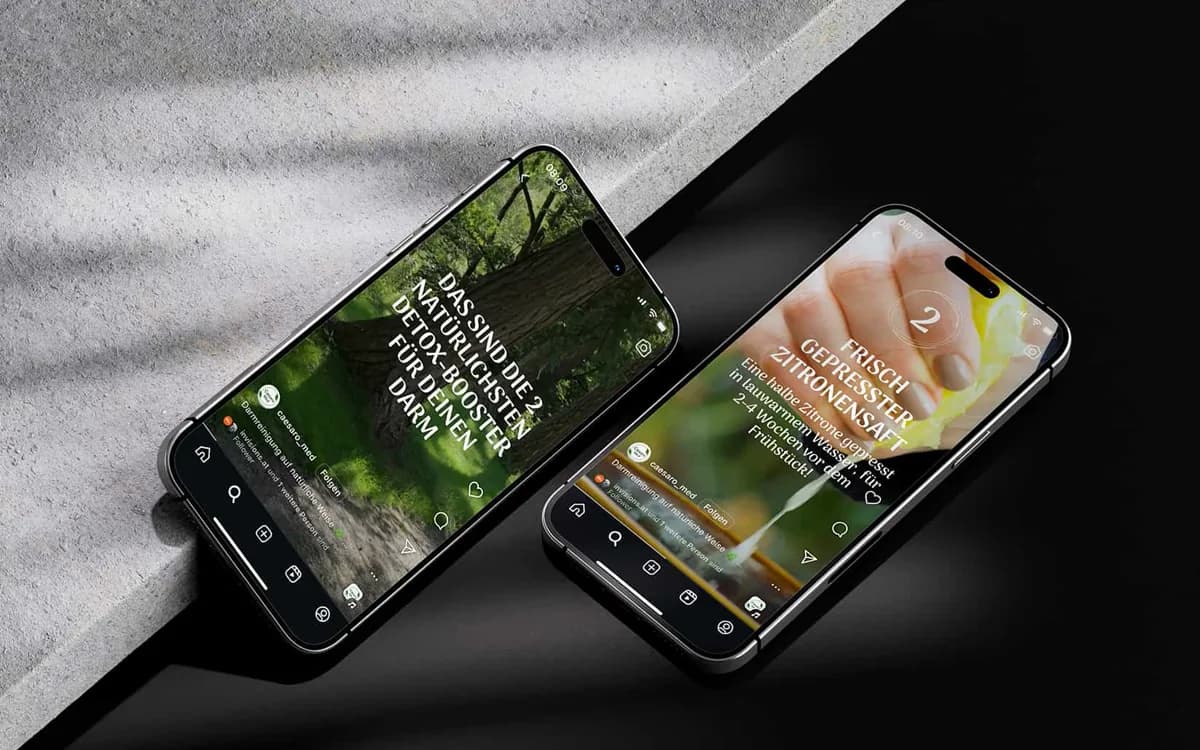 Zwei Smartphones mit der mobilen Ansicht der Caesaro-Med-Seite.