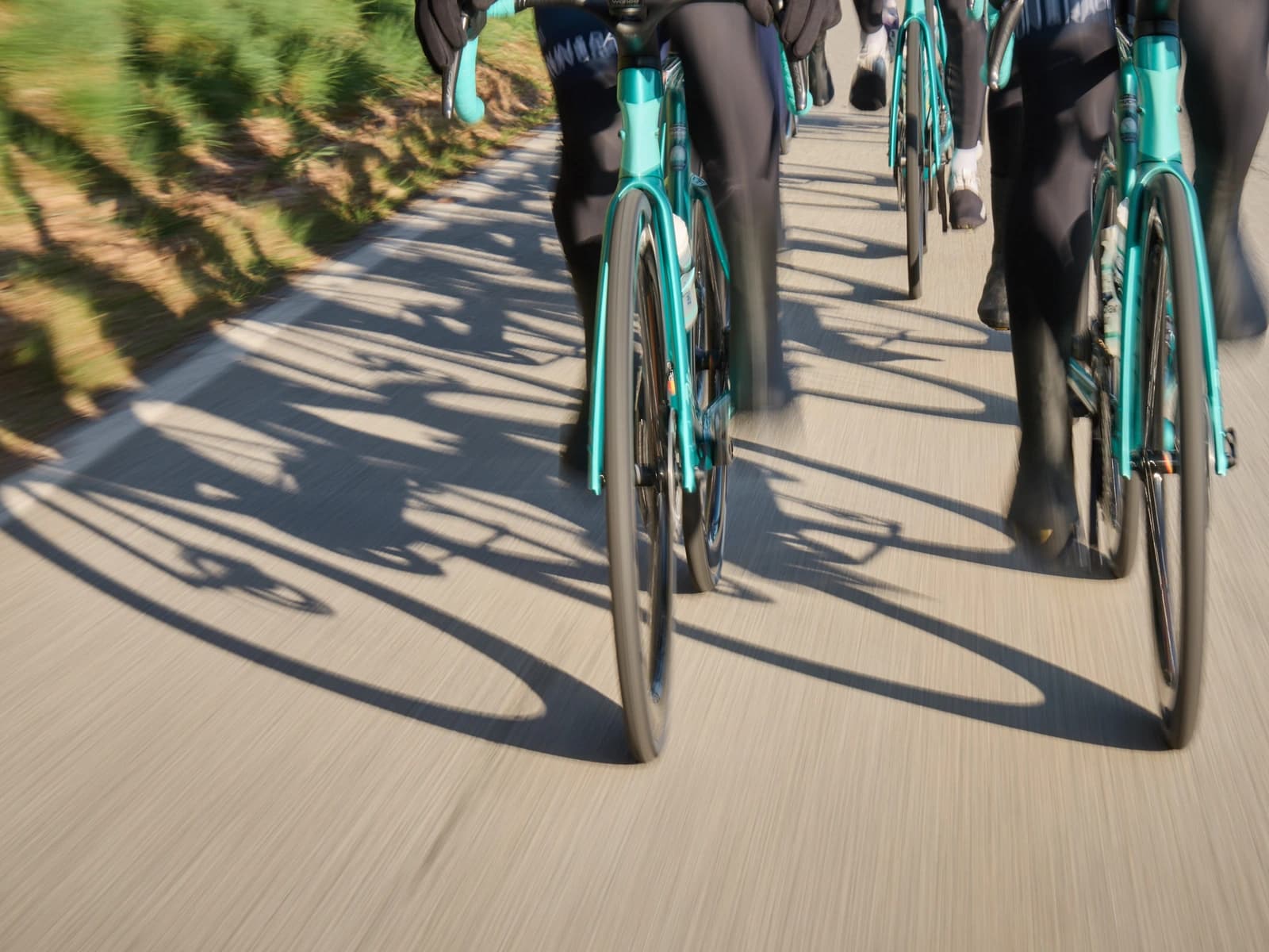 Die langen Schatten des Fahrerfeldes auf der Fahrbahn, darüber angeschnitten die Beine und Räder der Fahrer.