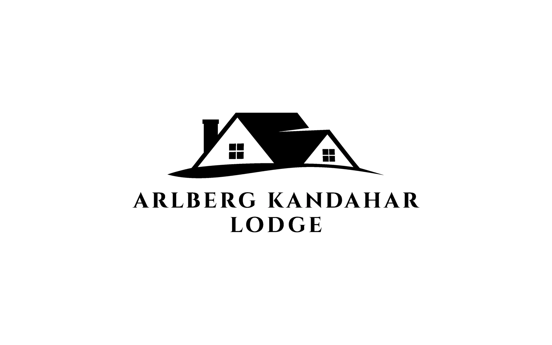 Die Wort-Bild-Marke der Arlberg Kandahar Lodge in Schwarz auf weißem Grund: zwei Giebel mit Kamin über einer geschwungenen Linie, darunter ARLBERG KANDAHAR und LODGE in zwei Zeilen.