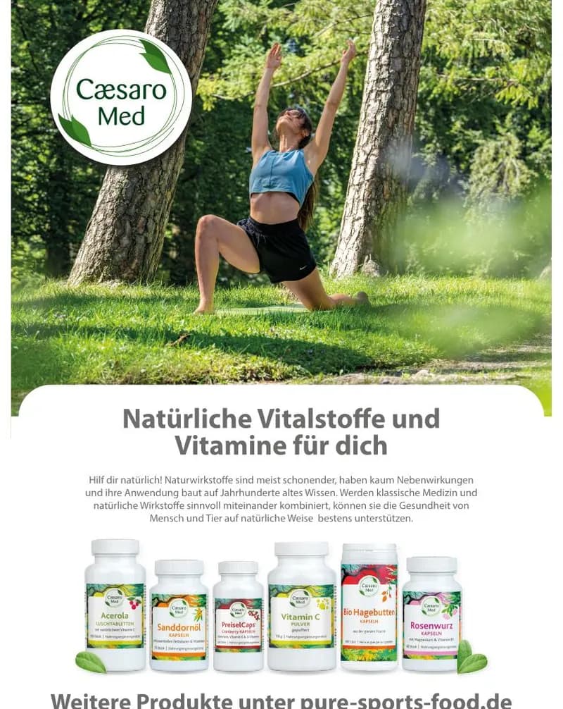 Das A4-Inserat: eine Frau streckt sich an einem Baum im Sonnenlicht, darunter die Zeile Natürliche Vitalstoffe und Vitamine für dich und eine Reihe Produktdosen.