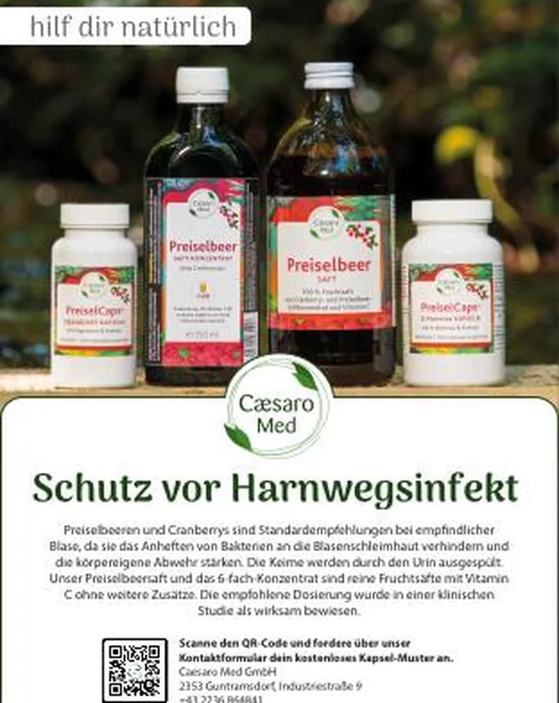 Das Inserat für November: Preiselbeersaft und Kapseln auf einem Holzbrett vor winterlichen Zweigen, darunter die Zeile Schutz vor Harnwegsinfekt.