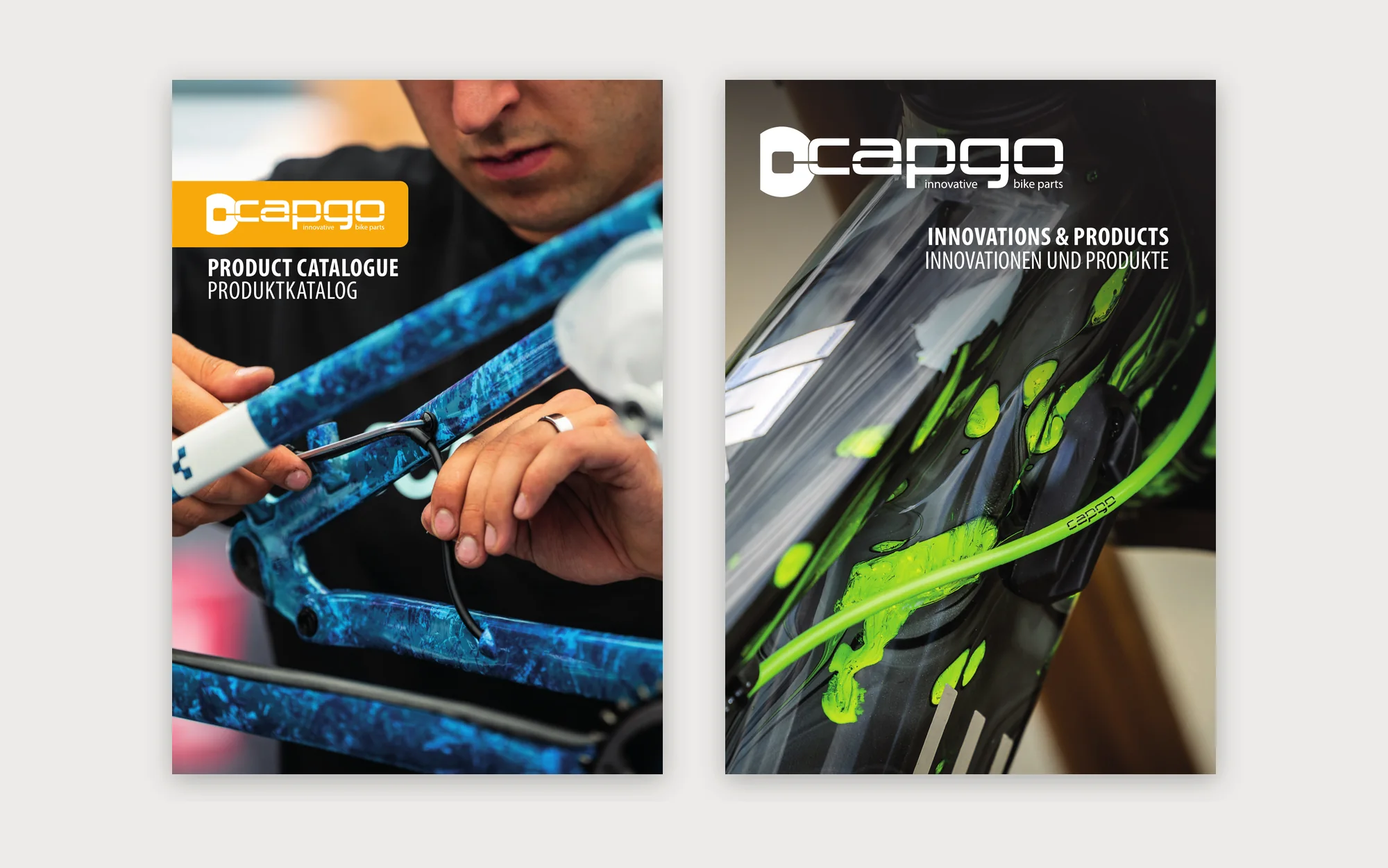 Zwei Katalogtitel von capgo nebeneinander: links der Produktkatalog mit einem Mechaniker an einem blauen Rahmen, rechts Innovationen und Produkte mit einem grünen Zug auf dunklem Grund.