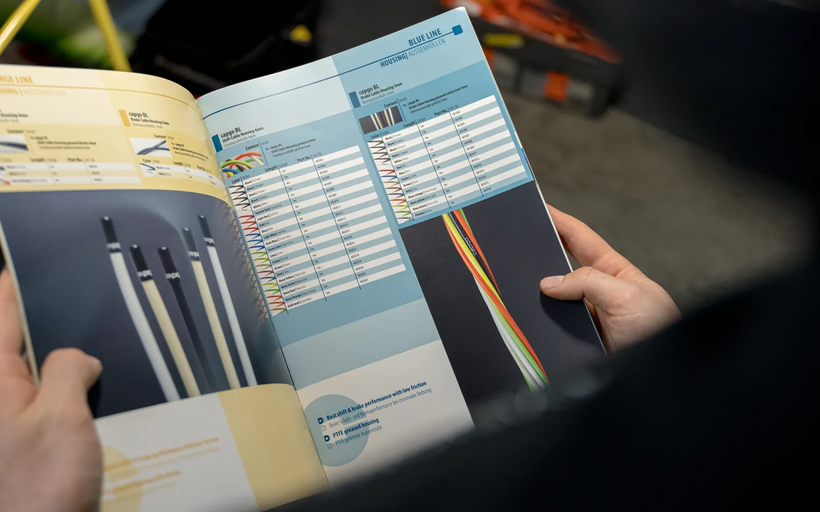 Zwei Hände halten den aufgeschlagenen capgo-Katalog, links ein Bild mit Zügen in Weiß und Schwarz, rechts eine Tabelle mit Artikelnummern und farbigen Hüllen.