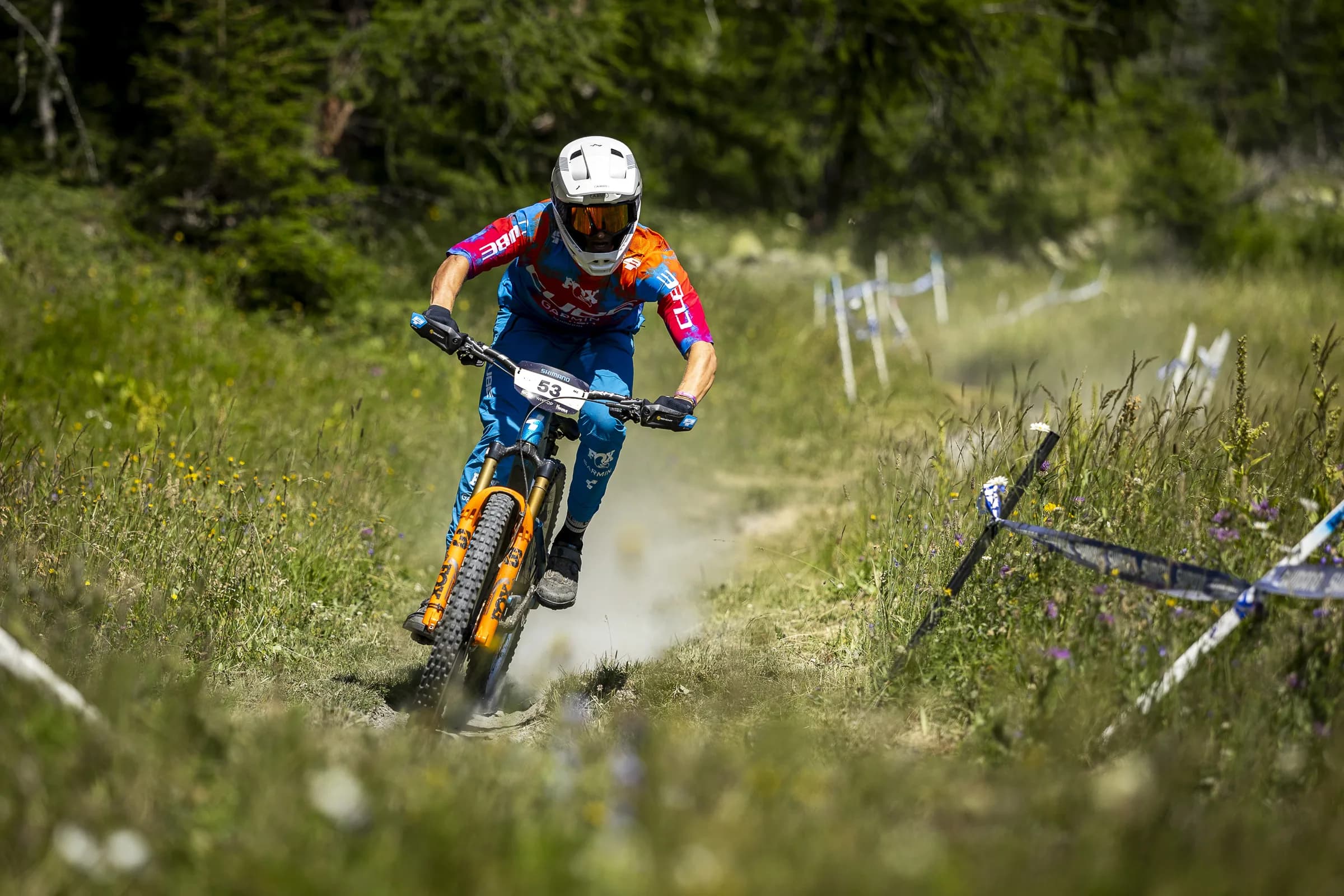 Ein Fahrer des CUBE Actionteam fährt im blau-roten Teamtrikot eine staubige Rennspur durch eine Blumenwiese, rechts das Absperrband der Strecke, dahinter der Wald.