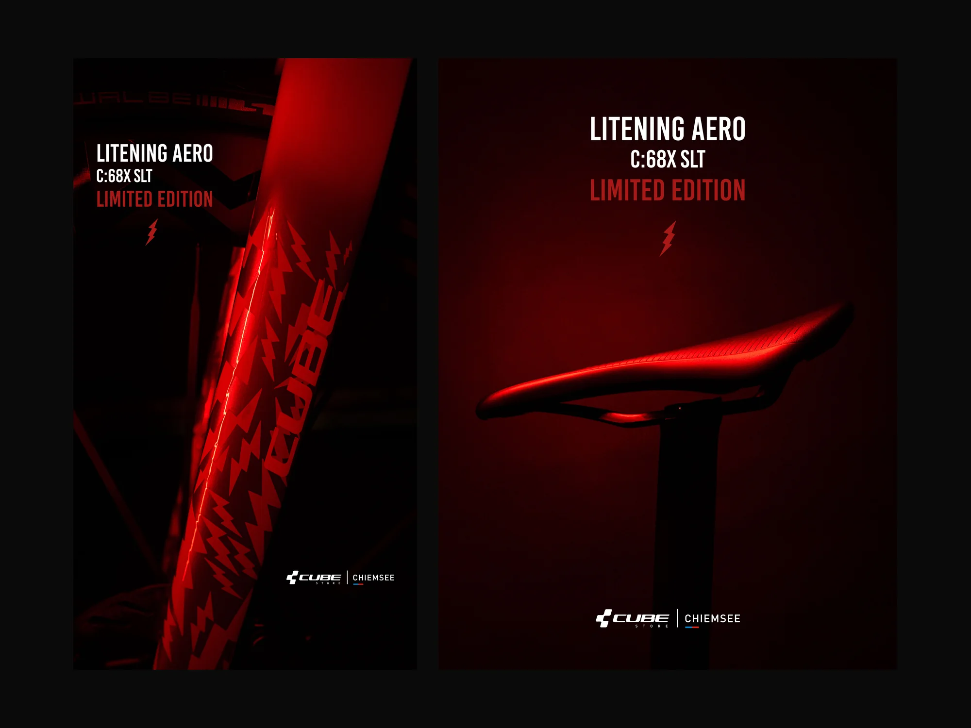 Eine Story und die erste Folie des Karussells nebeneinander auf dunklem Grund, beide im roten Licht mit der Zeile Litening Aero C:68X SLT Limited Edition und dem Logo des CUBE Store Chiemsee.
