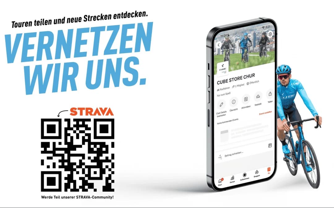 Bildschirmmotiv VERNETZEN WIR UNS mit einem freigestellten Smartphone und einem QR-Code, der in die Strava-Community des Stores führt.
