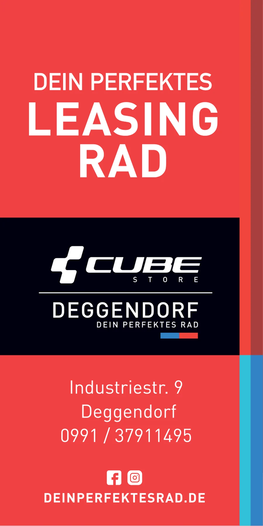 Hochkante Zeitungsanzeige auf rotem Grund: die Zeile Dein perfektes Leasing Rad, das Wort Leasing groß gesetzt, darunter der schwarze Markenblock des Stores.