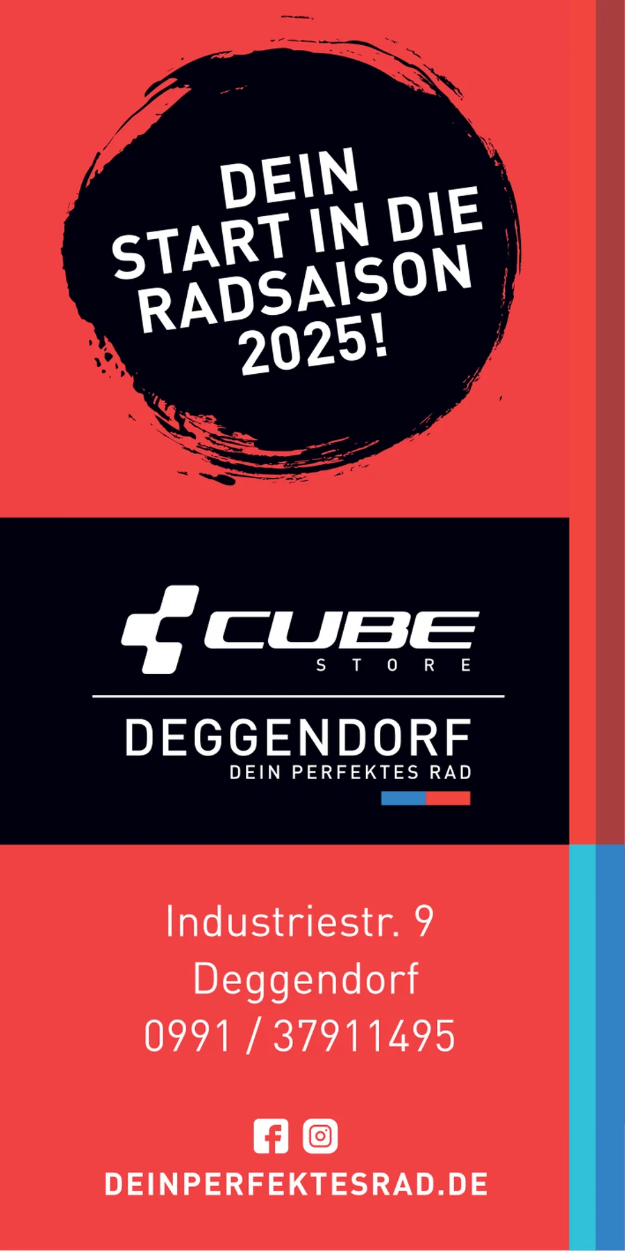 Hochkante Zeitungsanzeige auf rotem Grund: im schwarzen Pinselkreis die Zeile Dein Start in die Radsaison 2025, darunter der schwarze Markenblock des Stores.