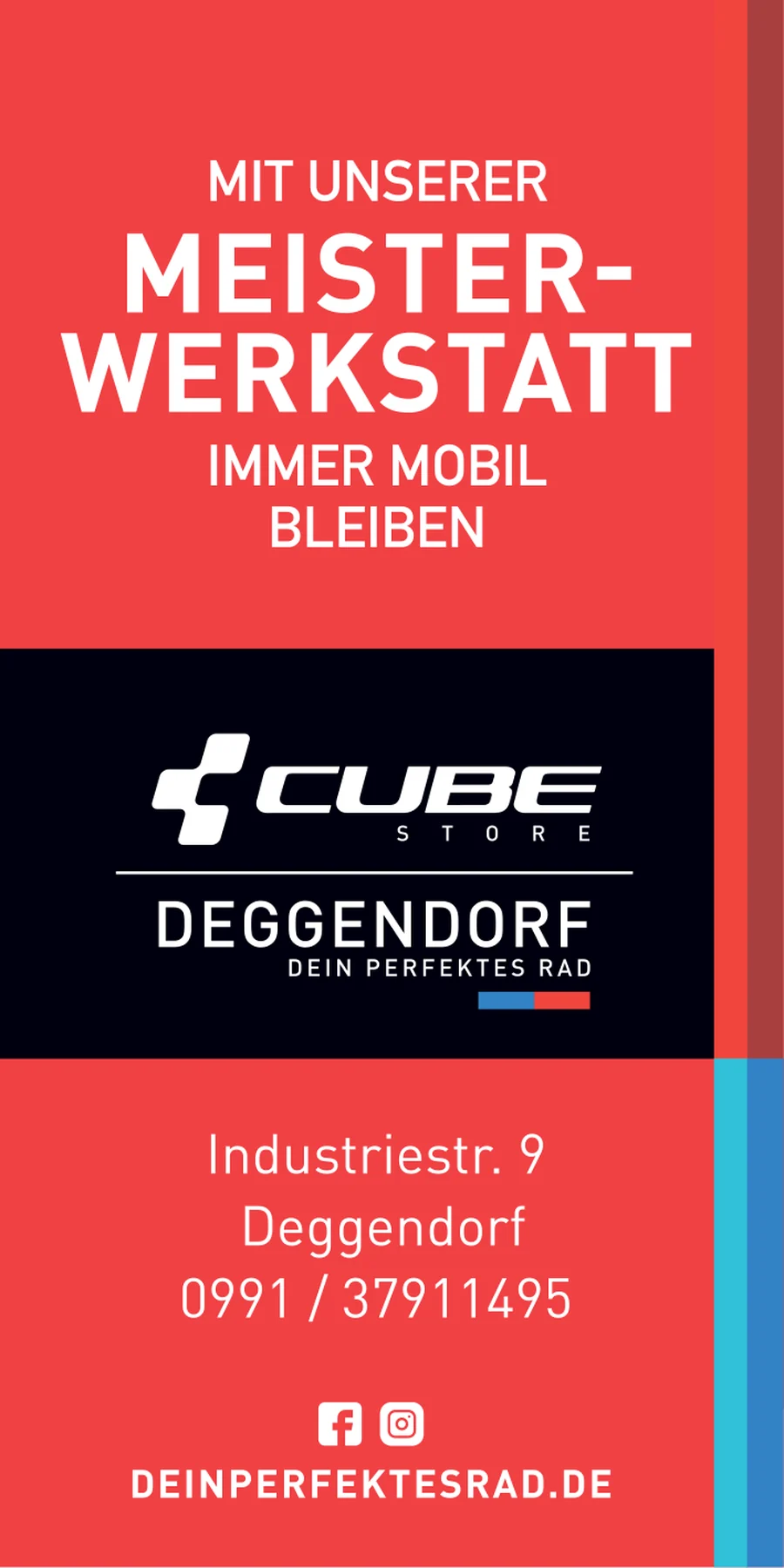 Hochkante Zeitungsanzeige auf rotem Grund: die Zeile Mit unserer Meisterwerkstatt immer mobil bleiben in weißer Schrift, darunter der schwarze Markenblock des Stores.