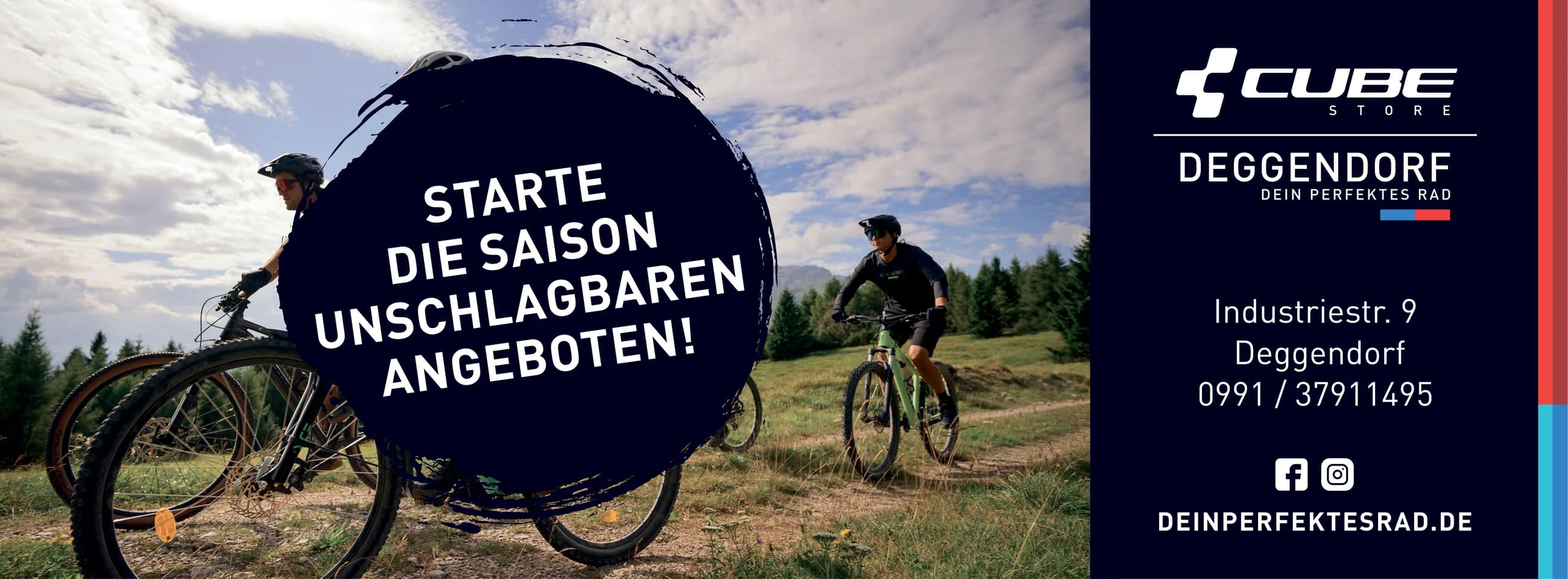 Quere Zeitungsanzeige über die volle Breite: ein Mountainbiker auf einem Feldweg, darüber ein großer schwarzer Pinselkreis mit der Einladung zum Saisonstart, rechts der schwarze Markenblock.