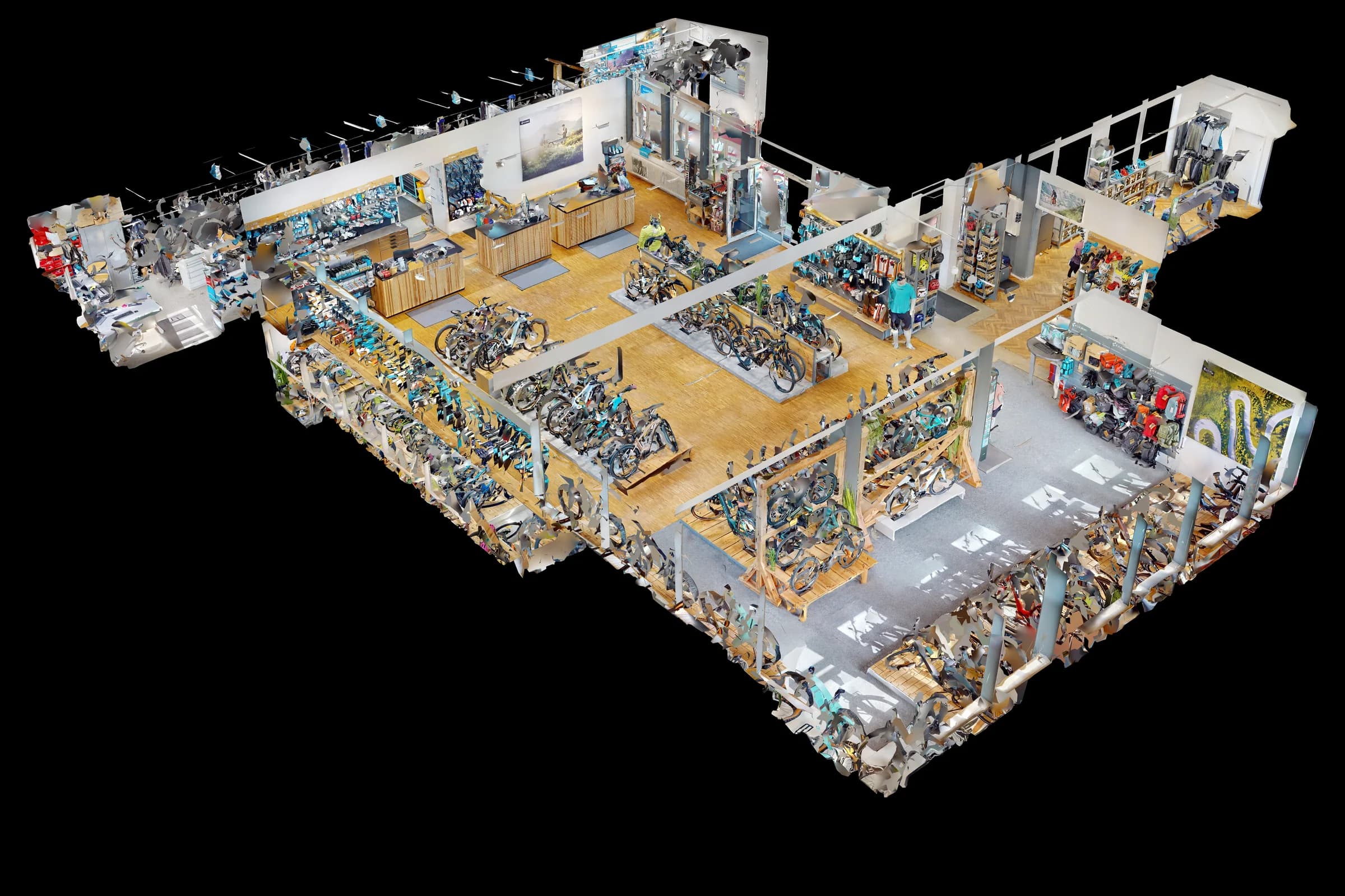 Das dreidimensionale Modell des CUBE Store Lindenberg von schräg oben, ohne Dach: der Verkaufsraum mit Holzboden und Rädern, die Nebenräume und die Werkstatt am Rand.