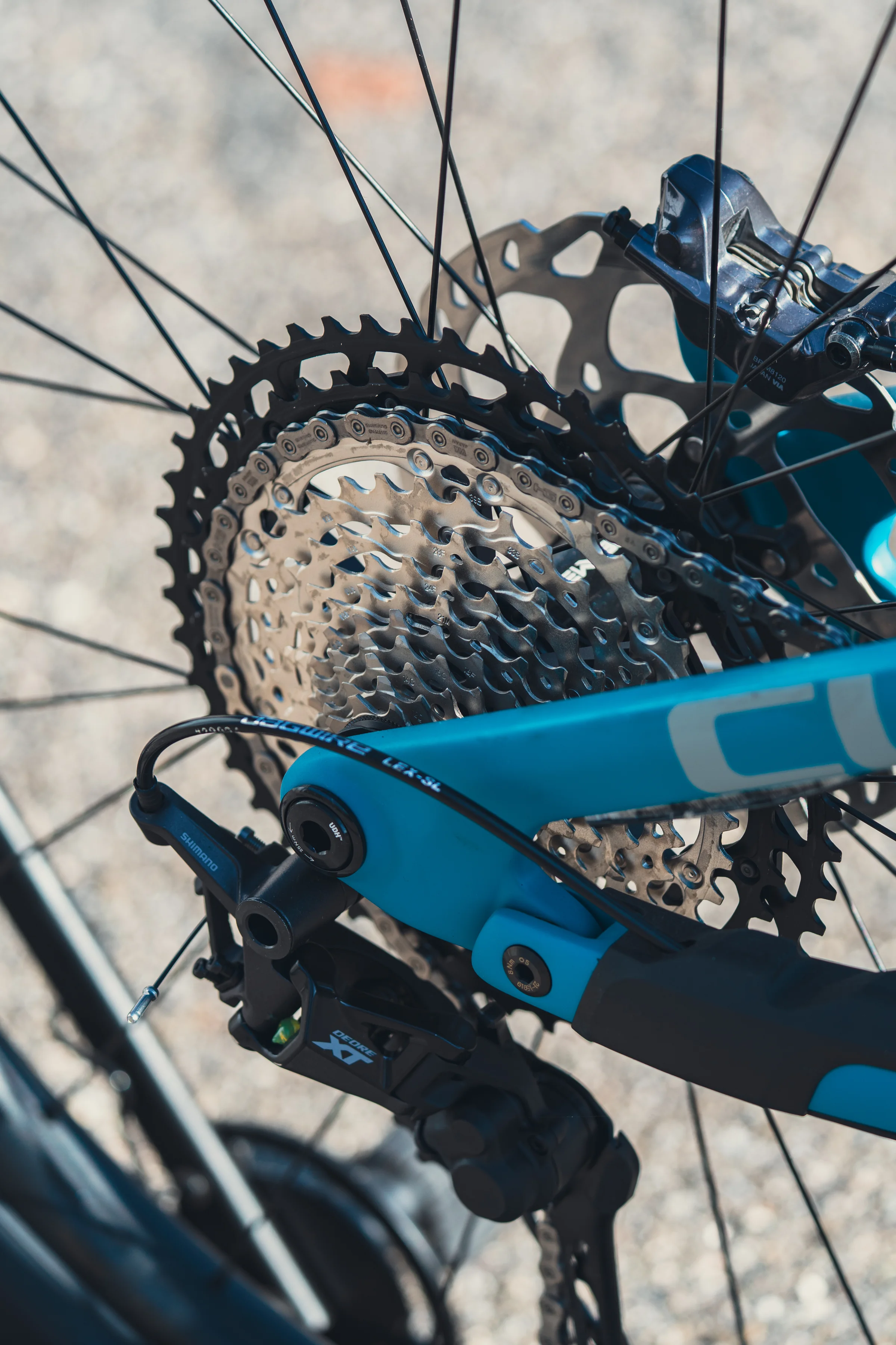 Die Kassette und das Schaltwerk eines blauen Mountainbikes, aufgenommen im Gegenlicht vor dem Laden.