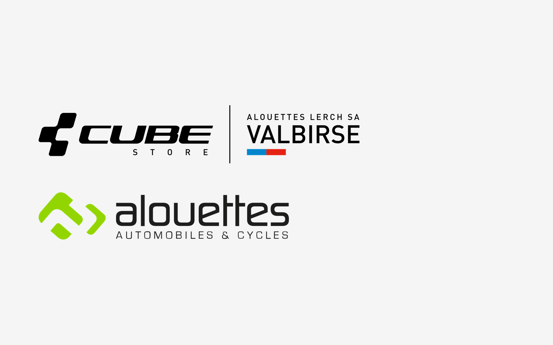 Zwei Logos untereinander. Oben die Wort-Bild-Marke des CUBE Store Valbirse: das CUBE-Kreuz mit CUBE STORE, hinter einem Trennstrich ALOUETTES LERCH SA über VALBIRSE und darunter eine blau-rote Leiste. Unten das Logo von alouettes: ein grünes Zeichen aus zwei Winkeln neben dem Schriftzug alouettes über AUTOMOBILES & CYCLES.