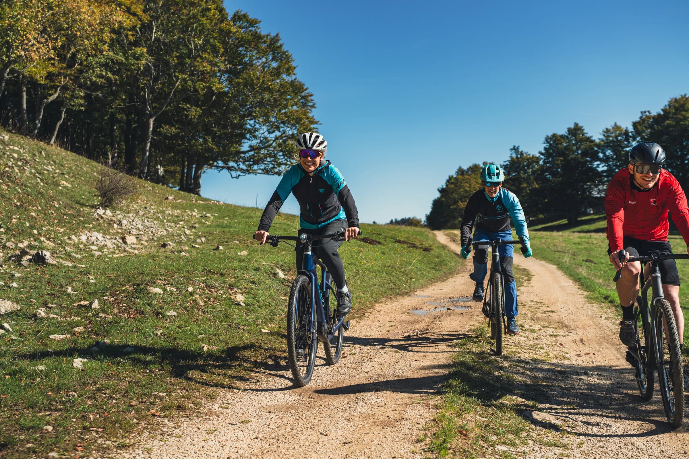 Drei Mountainbiker rollen nebeneinander einen Kiesweg zwischen Wiesen hinunter.