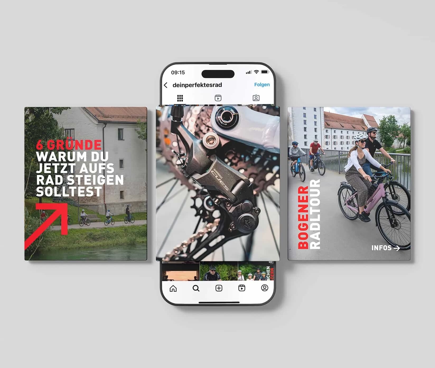 Drei Beiträge und ein Smartphone mit dem Profil deinperfektesrad: sechs Gründe fürs Radfahren, eine Nahaufnahme des Schaltwerks und die Ankündigung der Bogener Radltour.