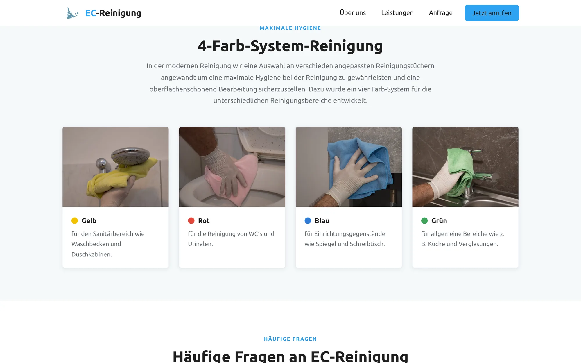 Das Kapitel zum 4-Farb-System: ein Einleitungstext, darunter vier Bildkacheln mit Reinigungstüchern in Gelb, Rot, Blau und Grün, unter jeder Kachel der zugehörige Reinigungsbereich als Text.