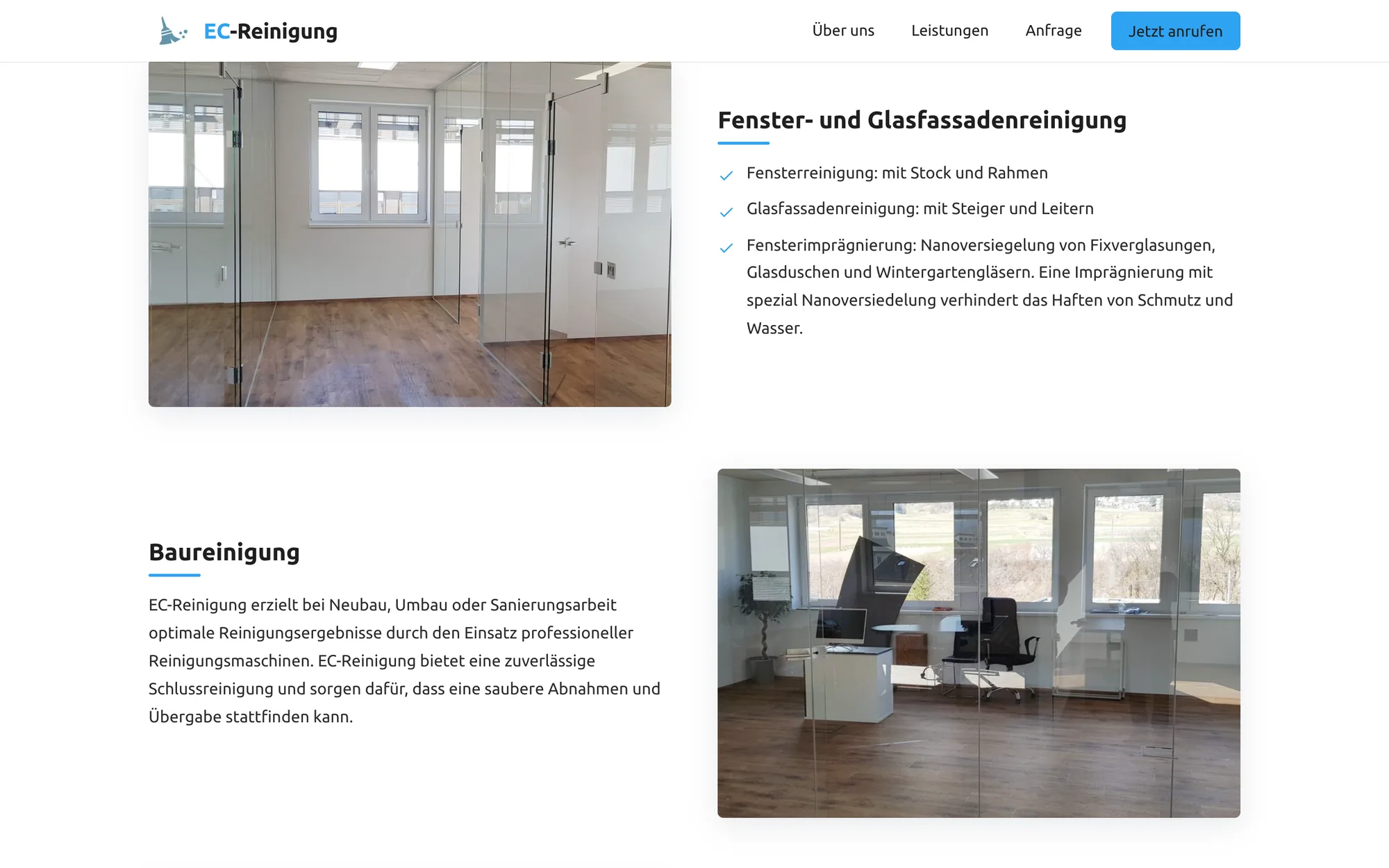 Zwei Leistungsblöcke untereinander: oben Wintergartenreinigung mit Text links und einem Foto der Glasdachkonstruktion rechts, darunter Grundreinigung mit Foto links und Text rechts.
