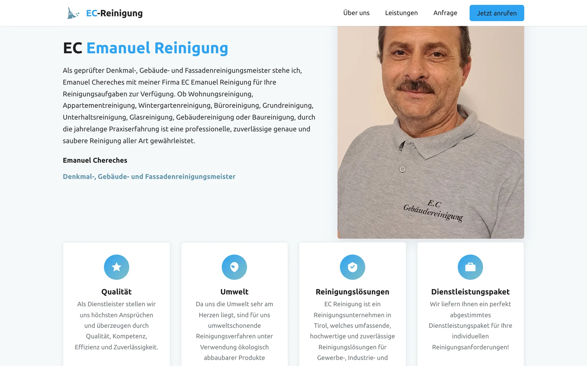 Der Vorstellungsblock der Website: links der Text von EC Emanuel Reinigung, rechts ein Porträt des Inhabers im Firmenshirt vor hellem Grund.