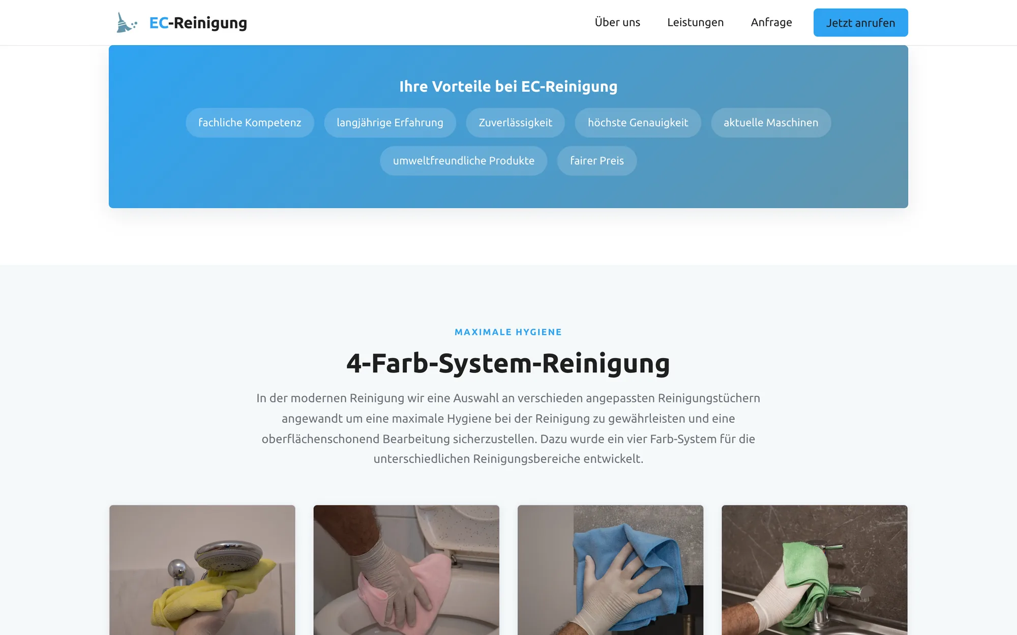 Eine blaue Fläche mit der Zeile Ihre Vorteile bei EC-Reinigung, darunter sieben Stichworte als helle Kapseln in zwei Reihen.
