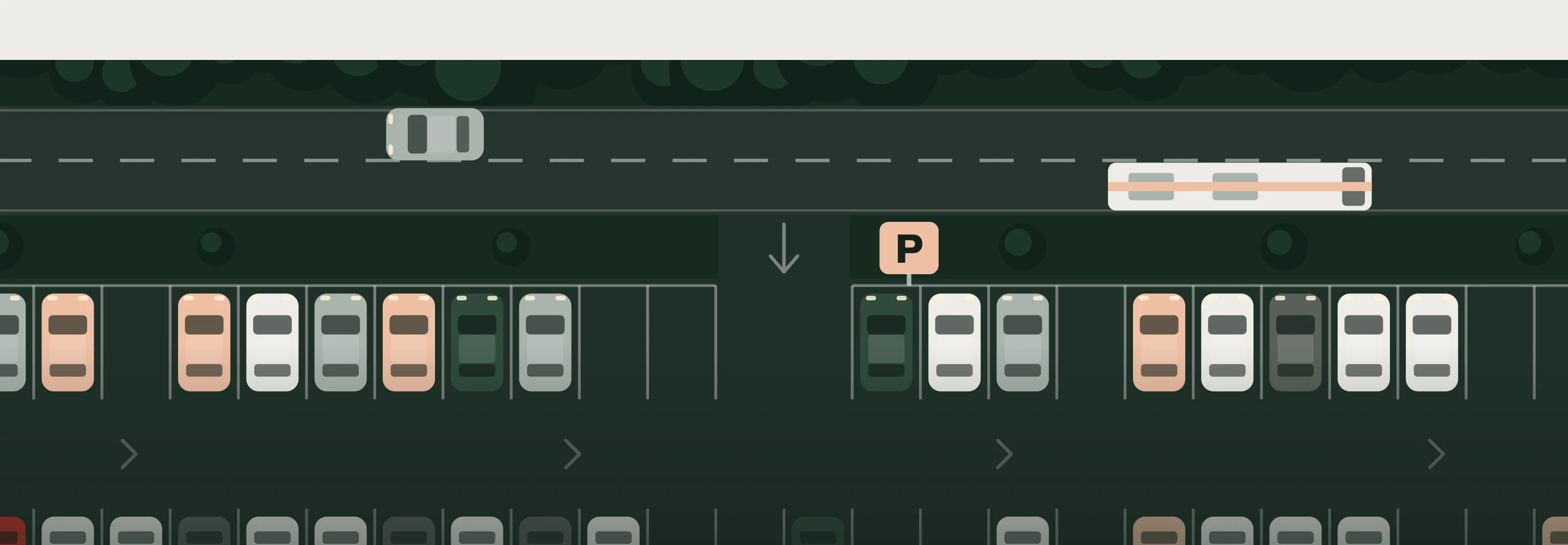 Die Illustration des Parkplatzes Fischleintal von oben auf Waldgrün: die Straße mit einem Auto und einem Linienbus, darunter Reihen geparkter Autos in Weiß, Grau und Pfirsich und ein Schild mit P.