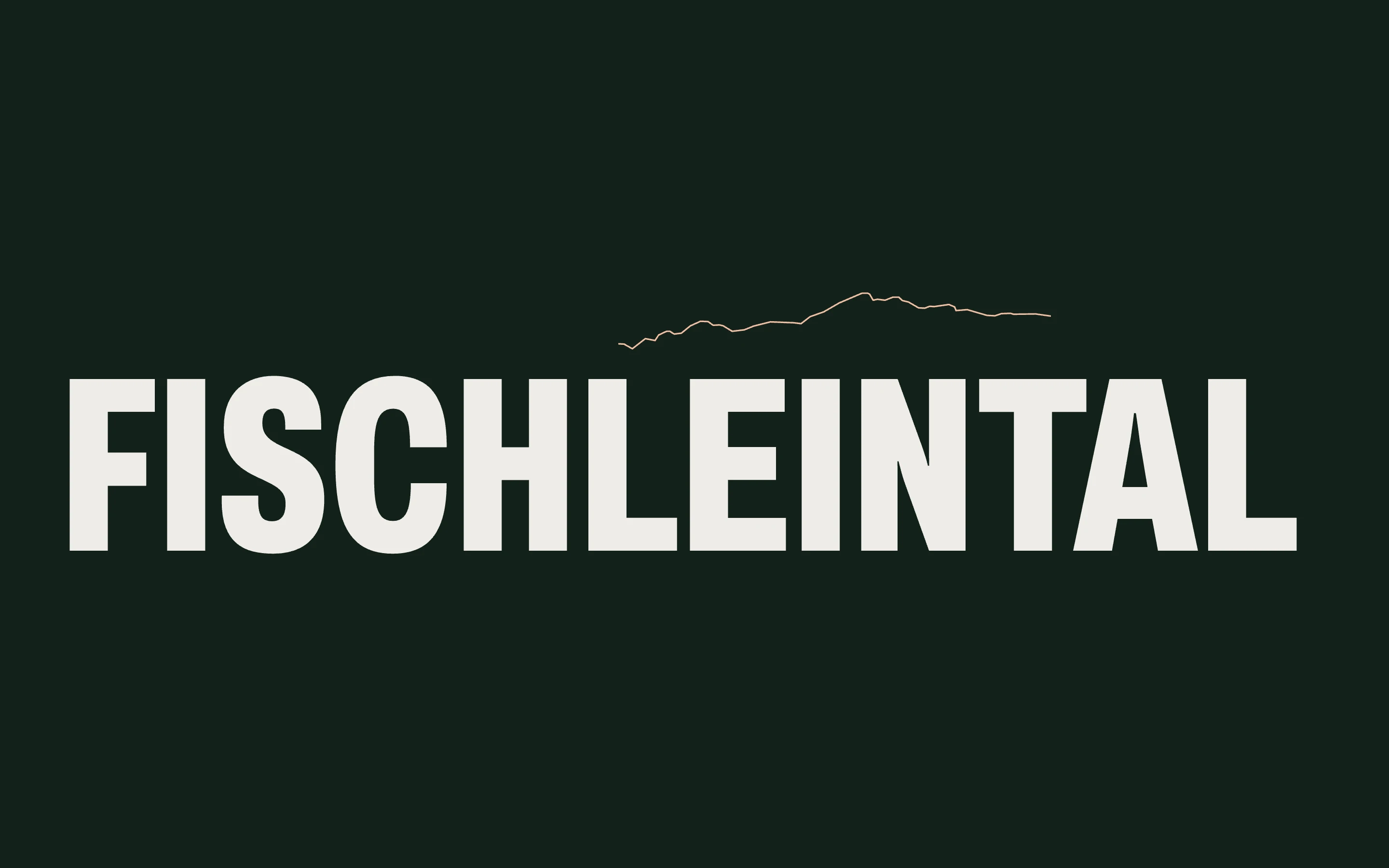Der große Schriftzug Fischleintal in hellem Kalk auf Waldgrün, darüber eine feine Bergsilhouette in Glow.