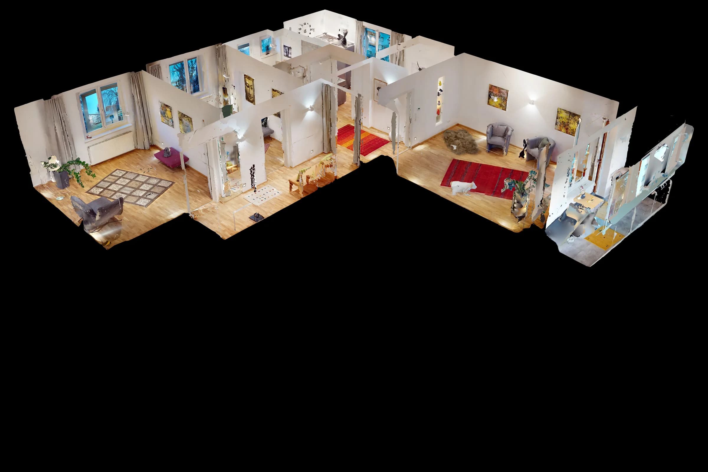 Das dreidimensionale Modell der eingerichteten Wohnung von schräg oben, ohne Dach: Wohnraum, Zimmer und Flur mit Parkett, Teppichen und Bildern an den Wänden.