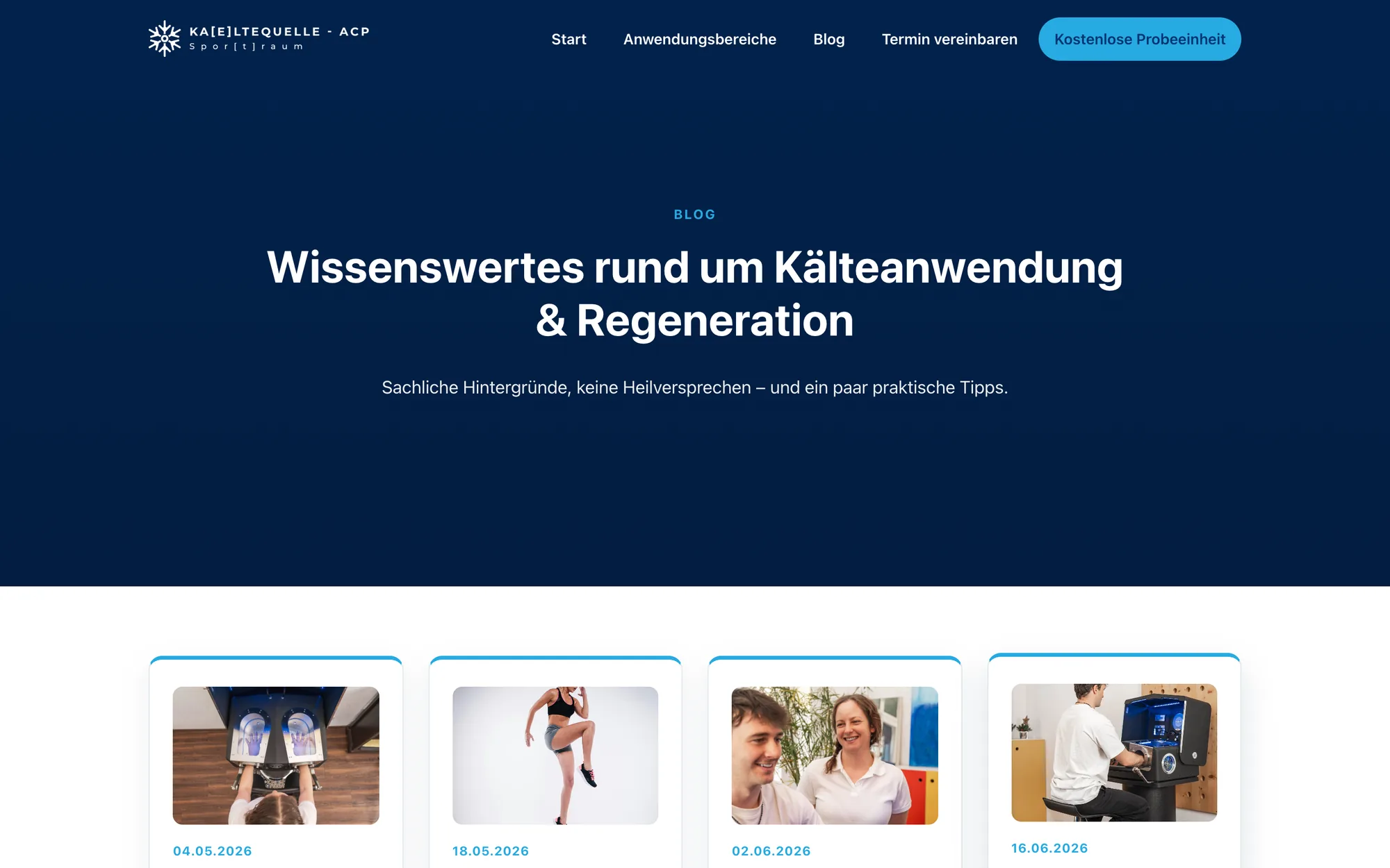 Die Blogseite mit dunkelblauem Kopf, der Zeile Wissenswertes rund um Kälteanwendung und Regeneration und darunter vier Beitragskarten mit Bild und Datum.