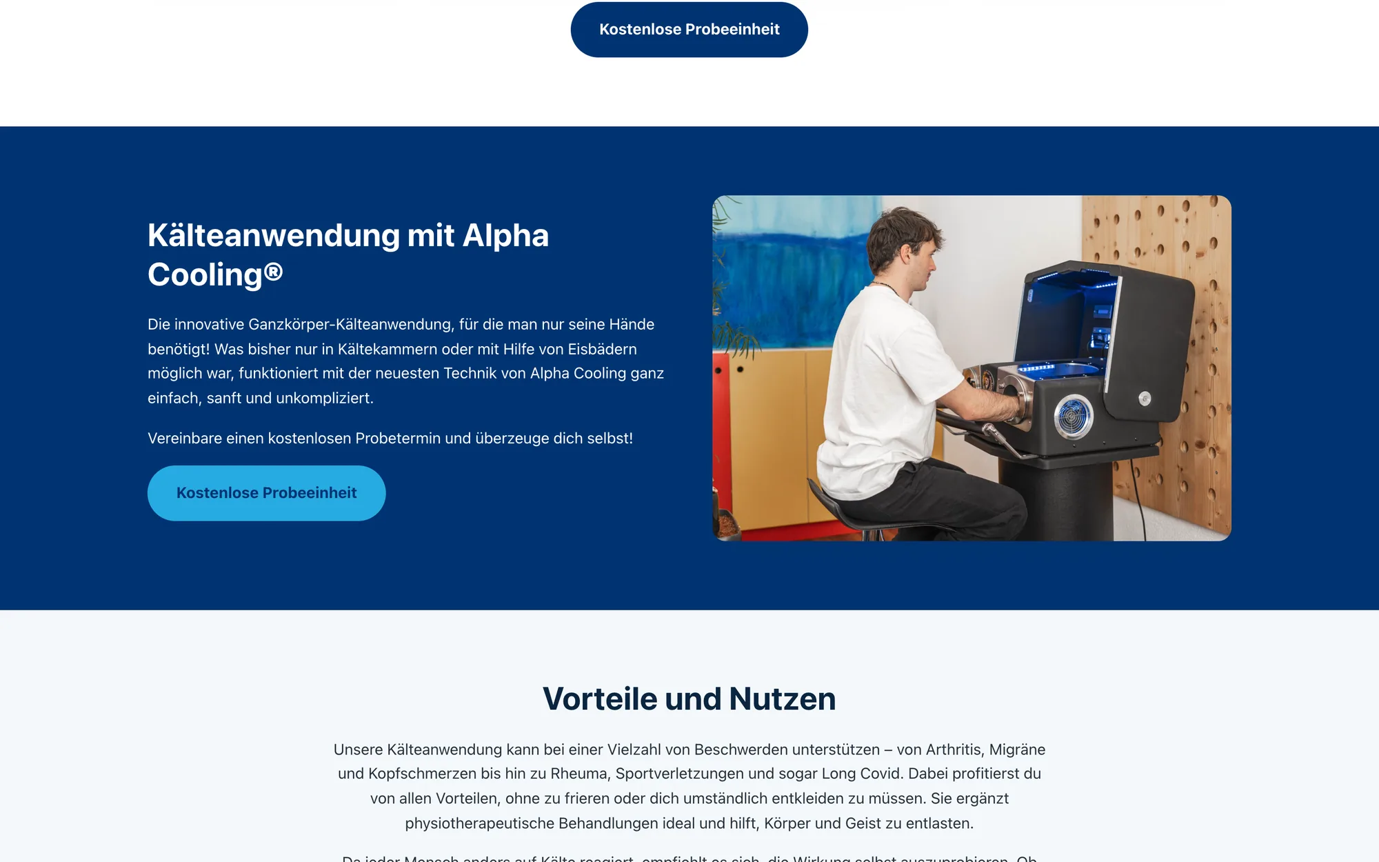 Ein dunkelblauer Abschnitt der Startseite erklärt Alpha Cooling neben der Aufnahme eines Mannes am Gerät, darunter beginnt der Abschnitt Vorteile und Nutzen.