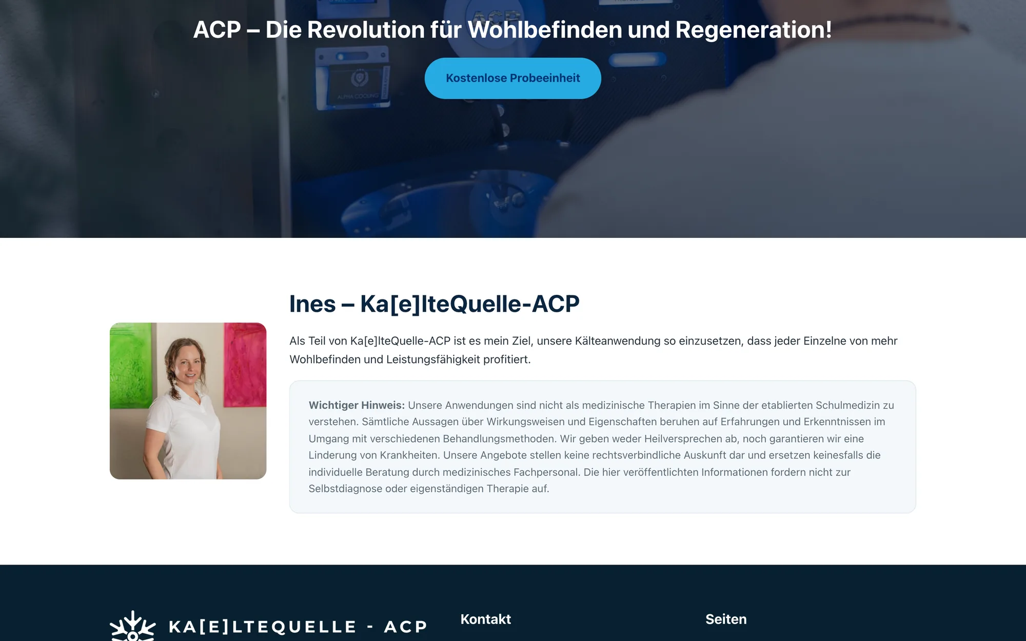 Der Abschnitt über die Betreiberin mit Porträt, darunter ein grau hinterlegter Hinweis, dass die Anwendungen keine medizinischen Therapien sind.