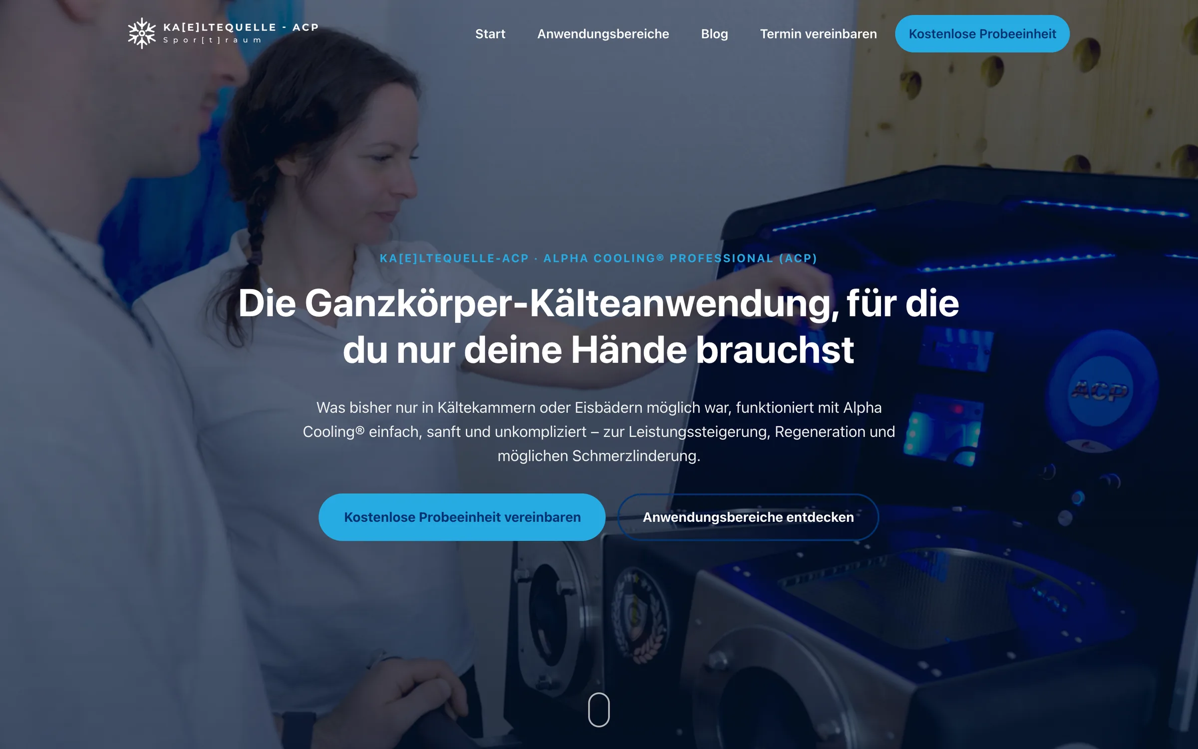 Die Startseite von kaeltequelle.at: über einer Aufnahme aus dem Behandlungsraum steht die Zeile über die Ganzkörper-Kälteanwendung, darunter zwei Schaltflächen für Probeeinheit und Anwendungsbereiche.
