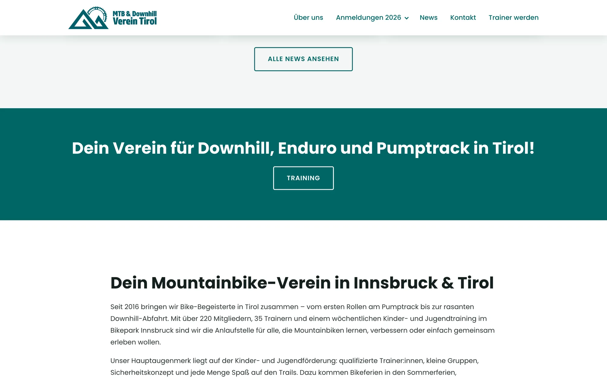 Ein Band in Vereinsgrün mit einer Zeile über den Verein und einem Knopf, darunter der Fließtext über den Verein in Innsbruck.