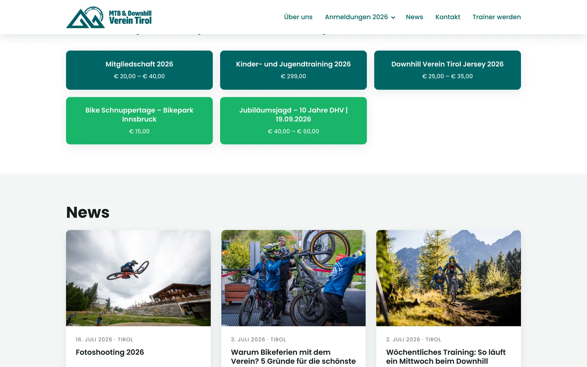 Die Kacheln der Startseite in Vereinsgrün, jede mit Angebot und Betrag, darunter der Beginn des News-Bereichs.