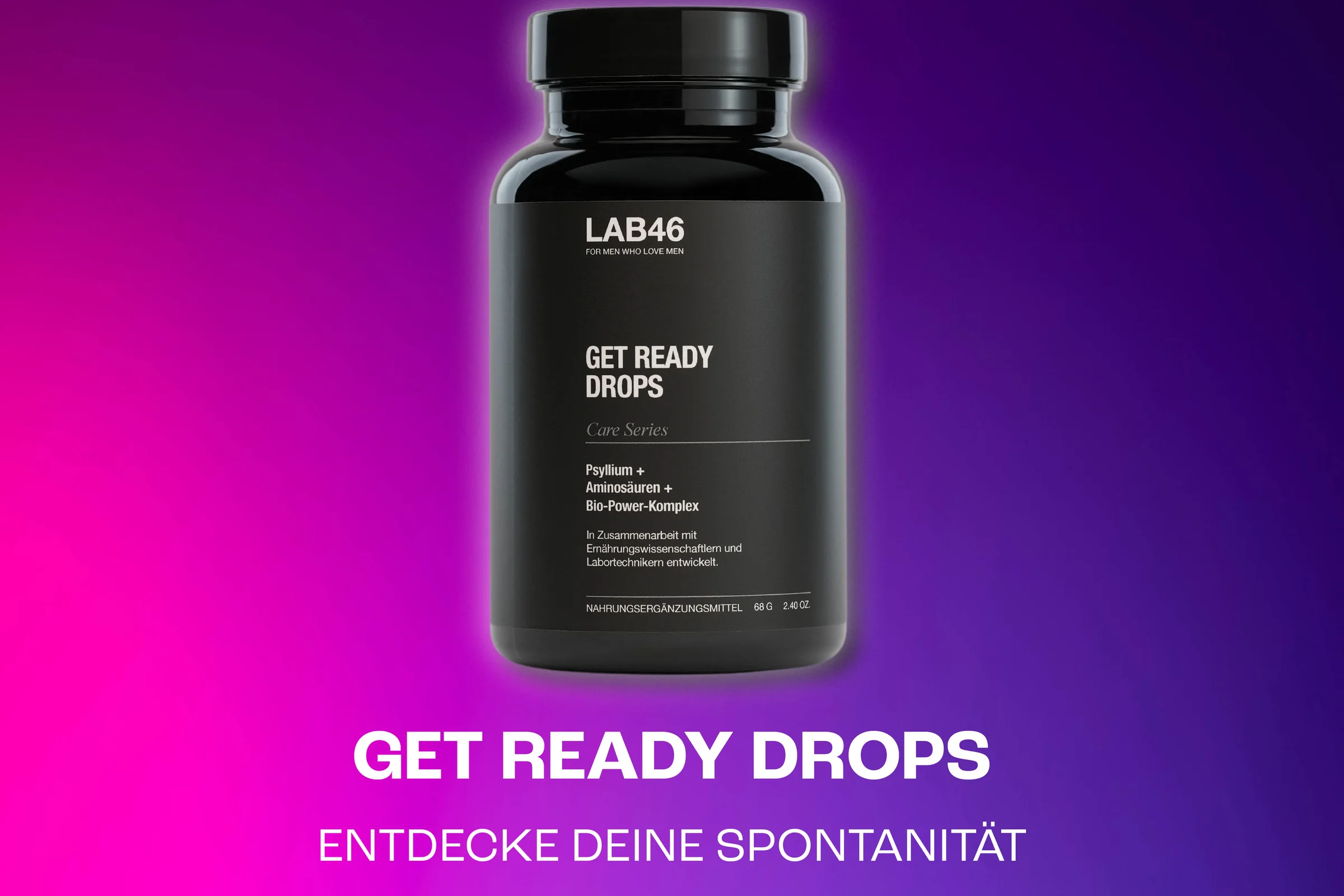 Ein Beitrag für LAB46 Get Ready Drops: die Dose vor einem violetten Verlauf, darunter die Zeile Entdecke deine Spontanität.