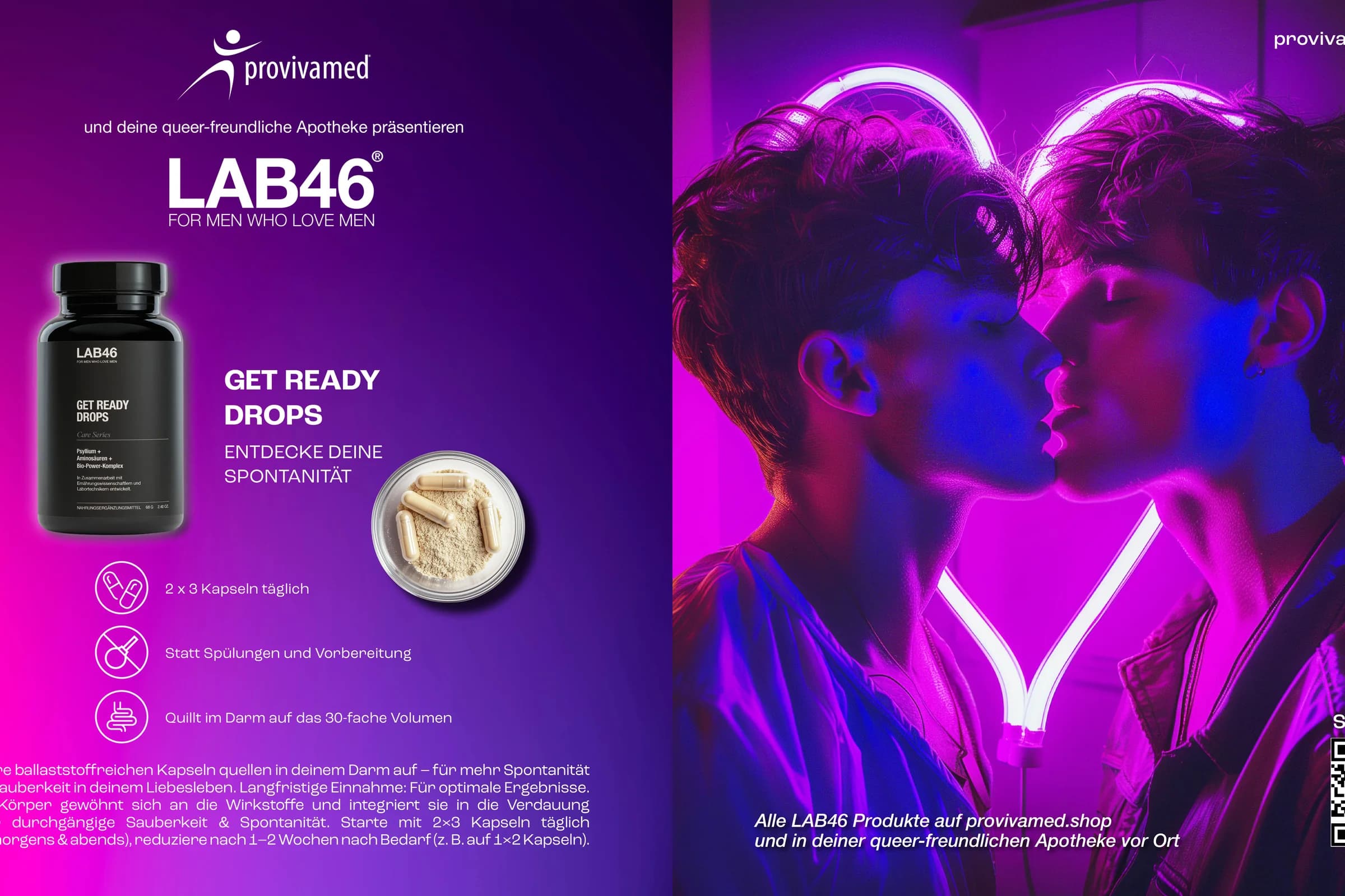 Das Anzeigenmotiv für LAB46 in Magenta und Violett: die schwarze Dose Get Ready Drops, daneben der Hinweis auf die Apotheke vor Ort.
