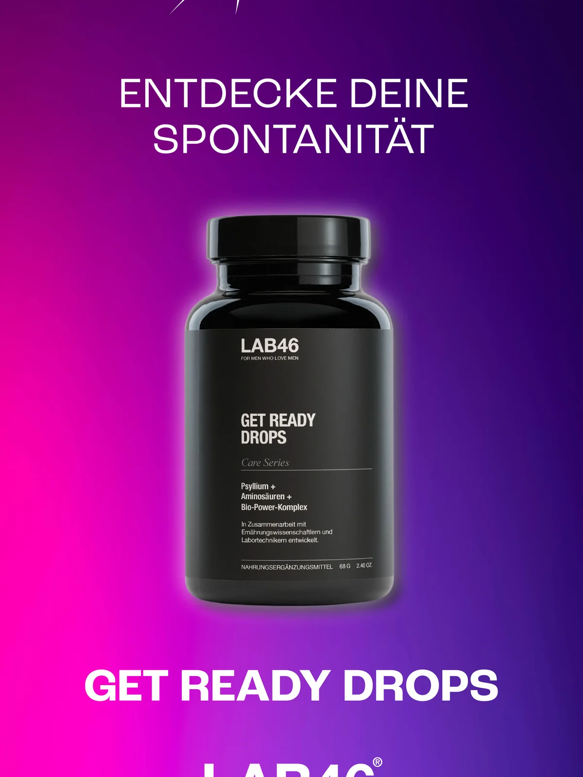 Eine Story für LAB46 im Hochformat: die Dose Get Ready Drops vor violettem Verlauf, darüber der Markenname.