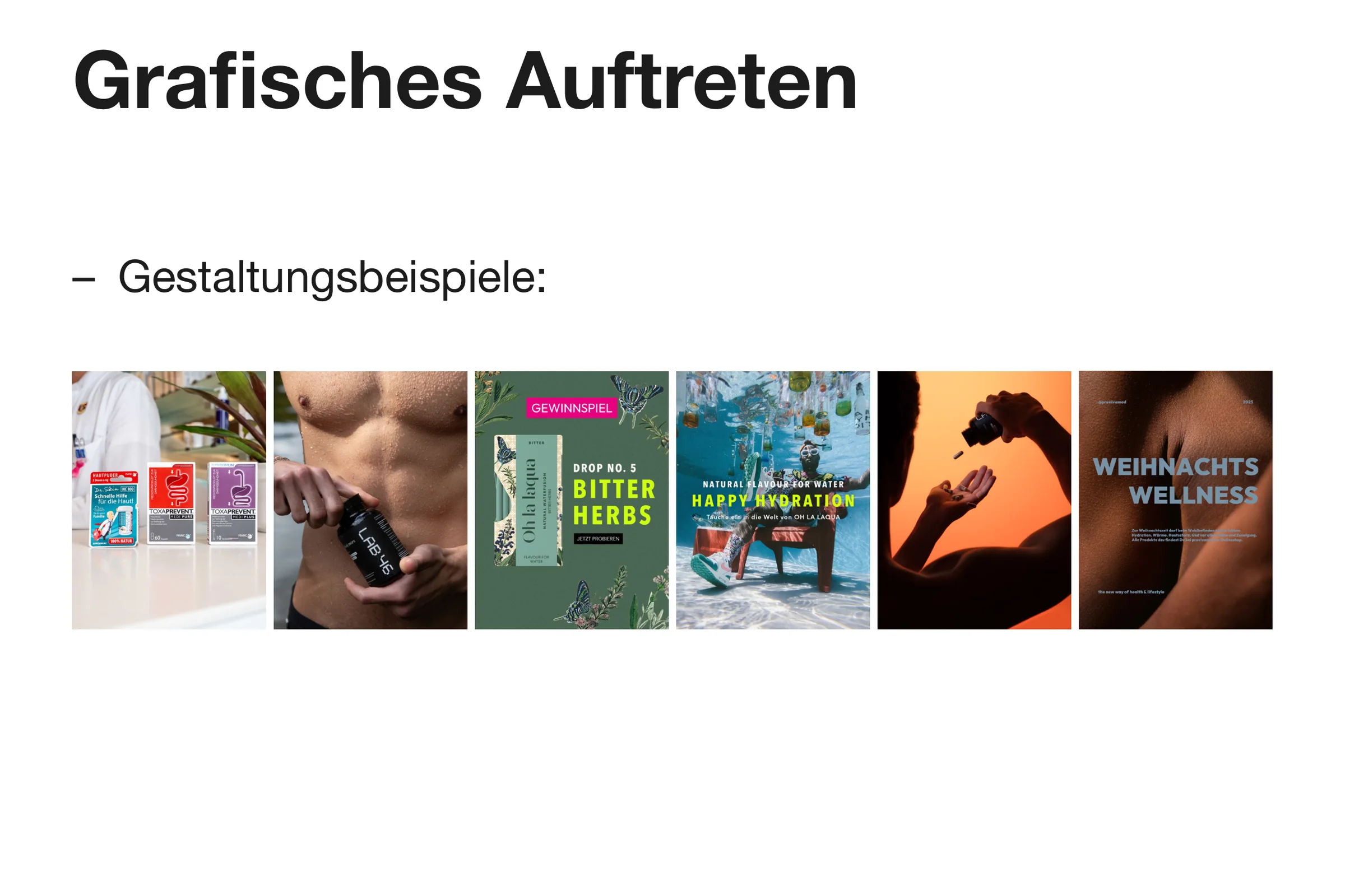 Eine Seite aus dem Konzept mit Gestaltungsbeispielen: sechs Motive nebeneinander, vom Produktbild bis zum Saisonmotiv.