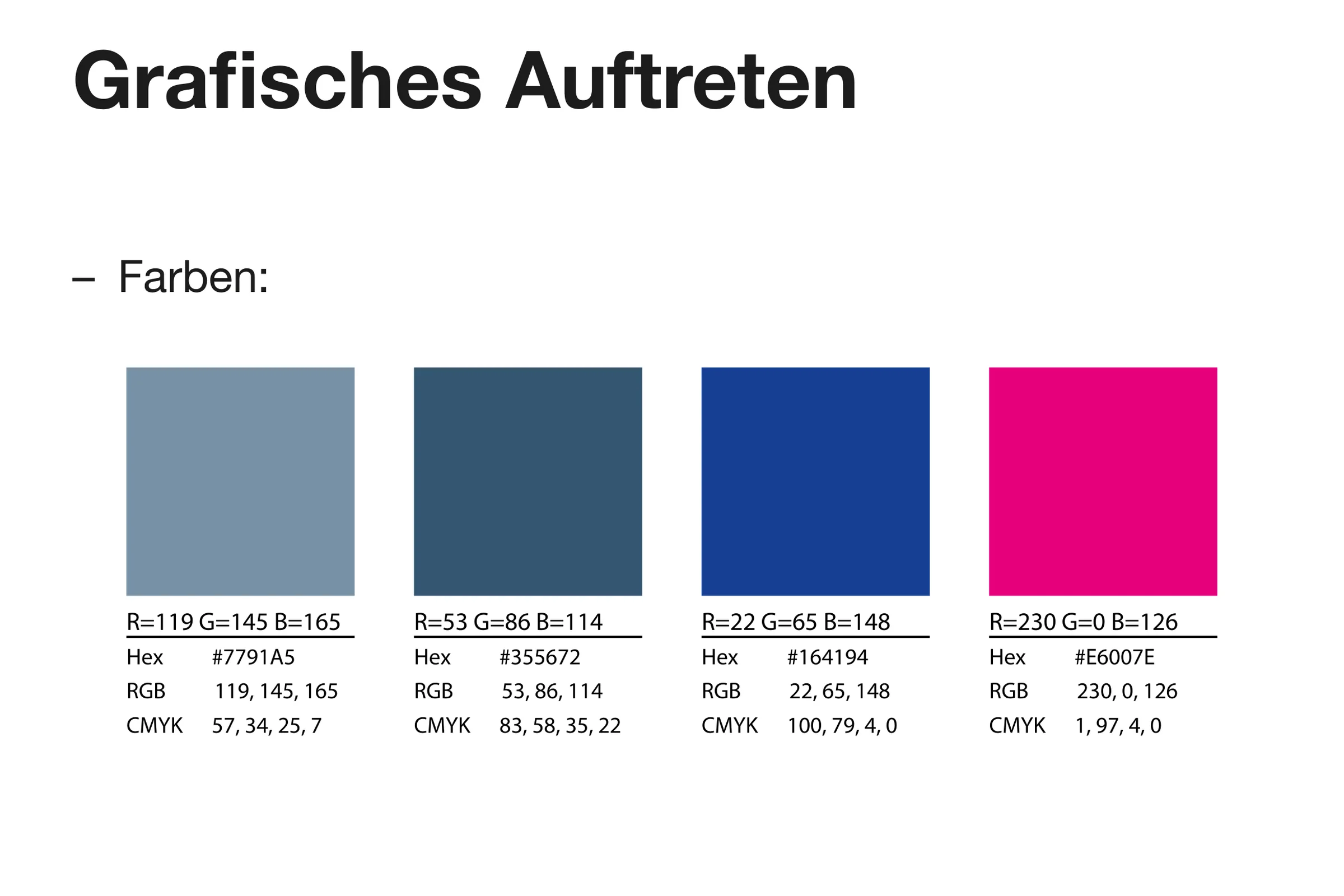 Eine Seite aus dem Konzept: vier Farbfelder von Graublau über Blau bis Magenta, darunter die Werte in CMYK, RGB und Hex.