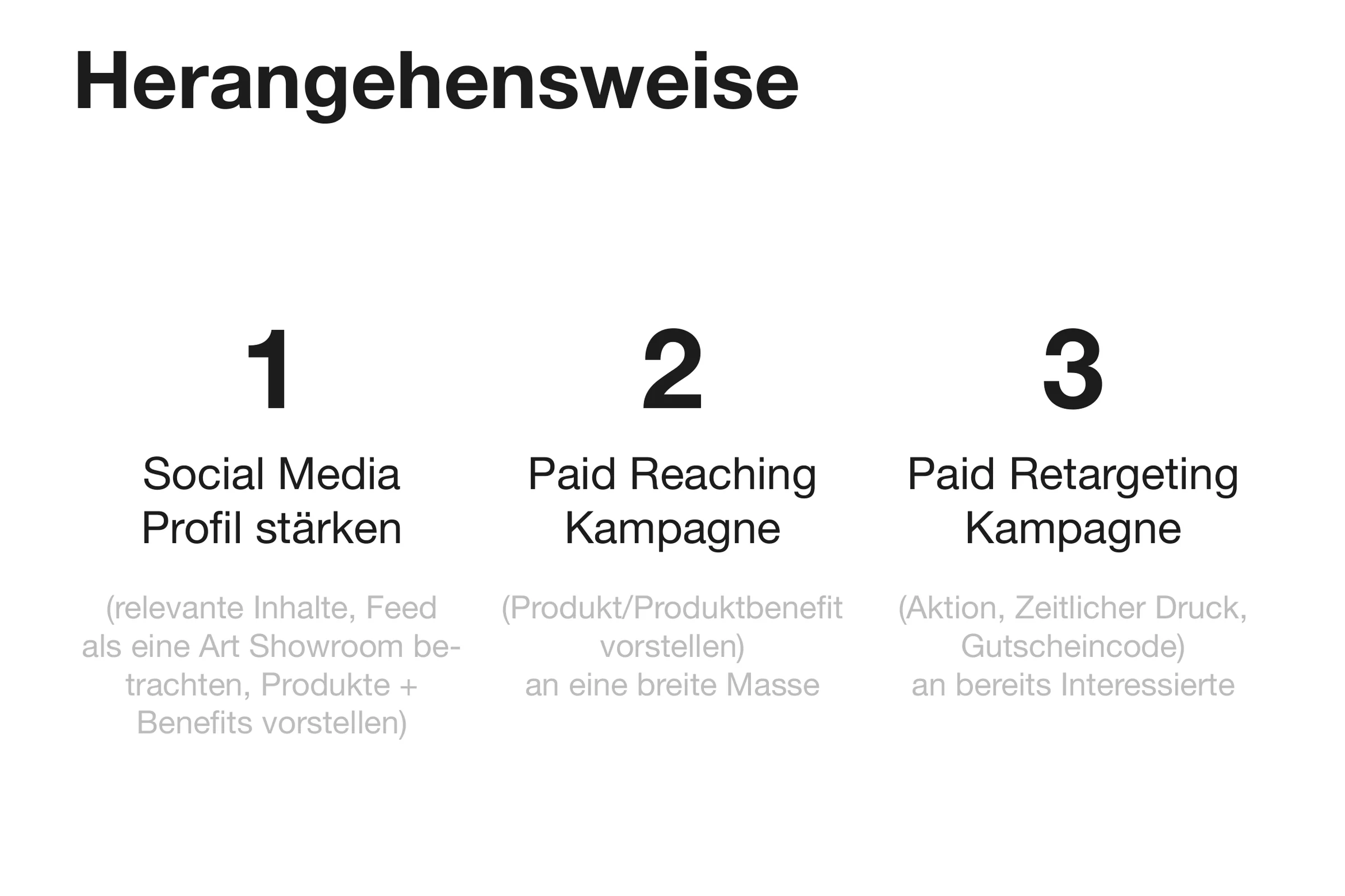 Eine Seite aus dem Konzept: drei nummerierte Wege, Profil stärken, Paid Reaching und Paid Retargeting, jeder mit einer kurzen Erklärung.