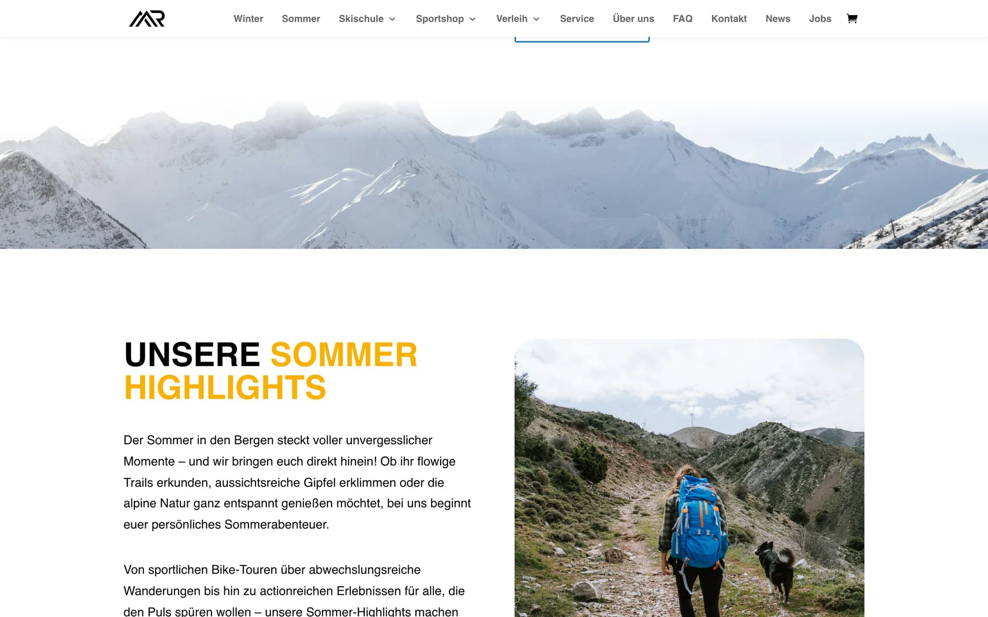Das Band Unsere Sommer-Highlights auf sportsmaxrieger.com, links der Text, rechts ein Wanderer mit Hund vor dem Karwendel.