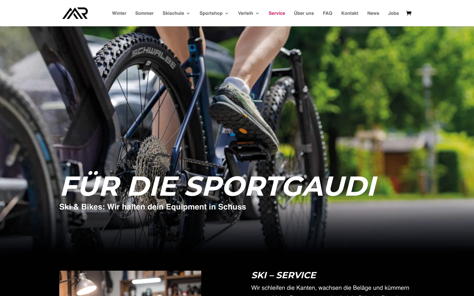 Die Serviceseite mit dem Band Ski-Service über einem Detail aus der Werkstatt.