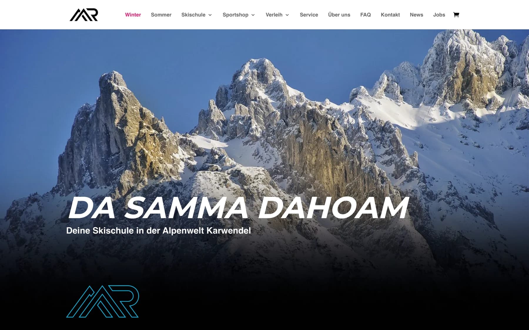 Die Winter-Startseite mit dem Titel Da samma dahoam über dem verschneiten Karwendel.