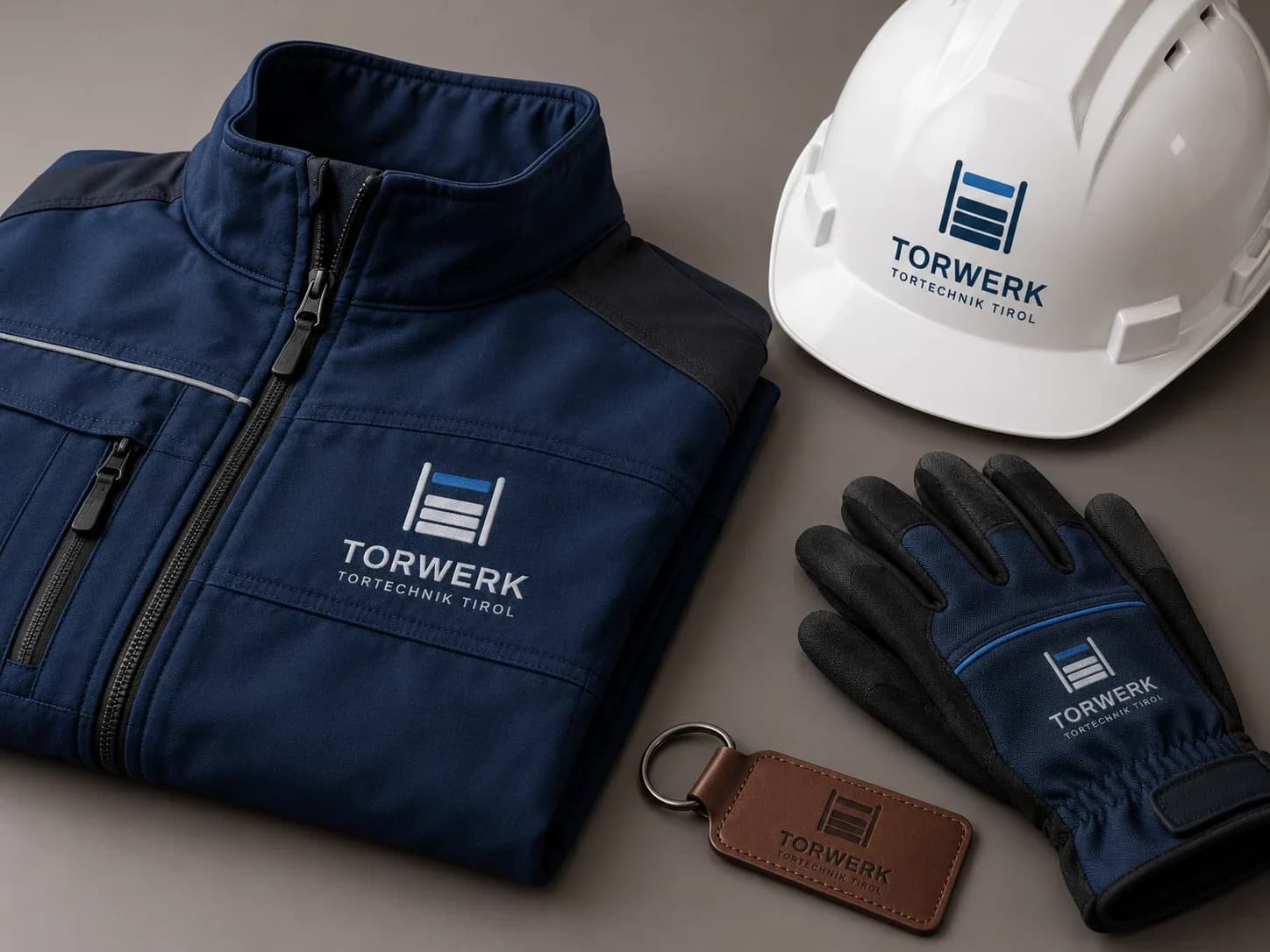 Arbeitskleidung mit dem Logo von Torwerk Tirol: eine dunkelblaue Arbeitsjacke mit gesticktem Logo, ein weißer Schutzhelm, blaue Arbeitshandschuhe und ein Schlüsselanhänger aus Leder mit geprägtem Signet.