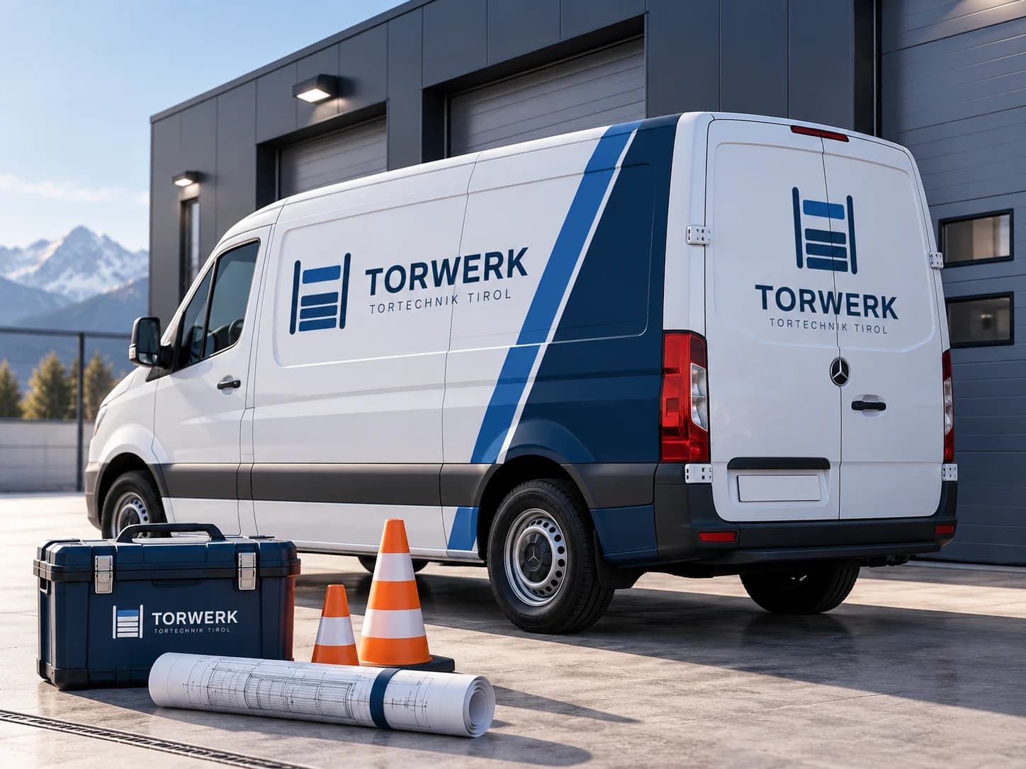 Ein weißer Transporter mit der Beschriftung von Torwerk Tirol vor einer Halle mit Sektionaltoren, dahinter Berge: Logo auf Seite und Hecktüren, ein blauer Streifen über die Flanke, davor ein Werkzeugkoffer mit Logo, zwei Leitkegel und eine Planrolle.