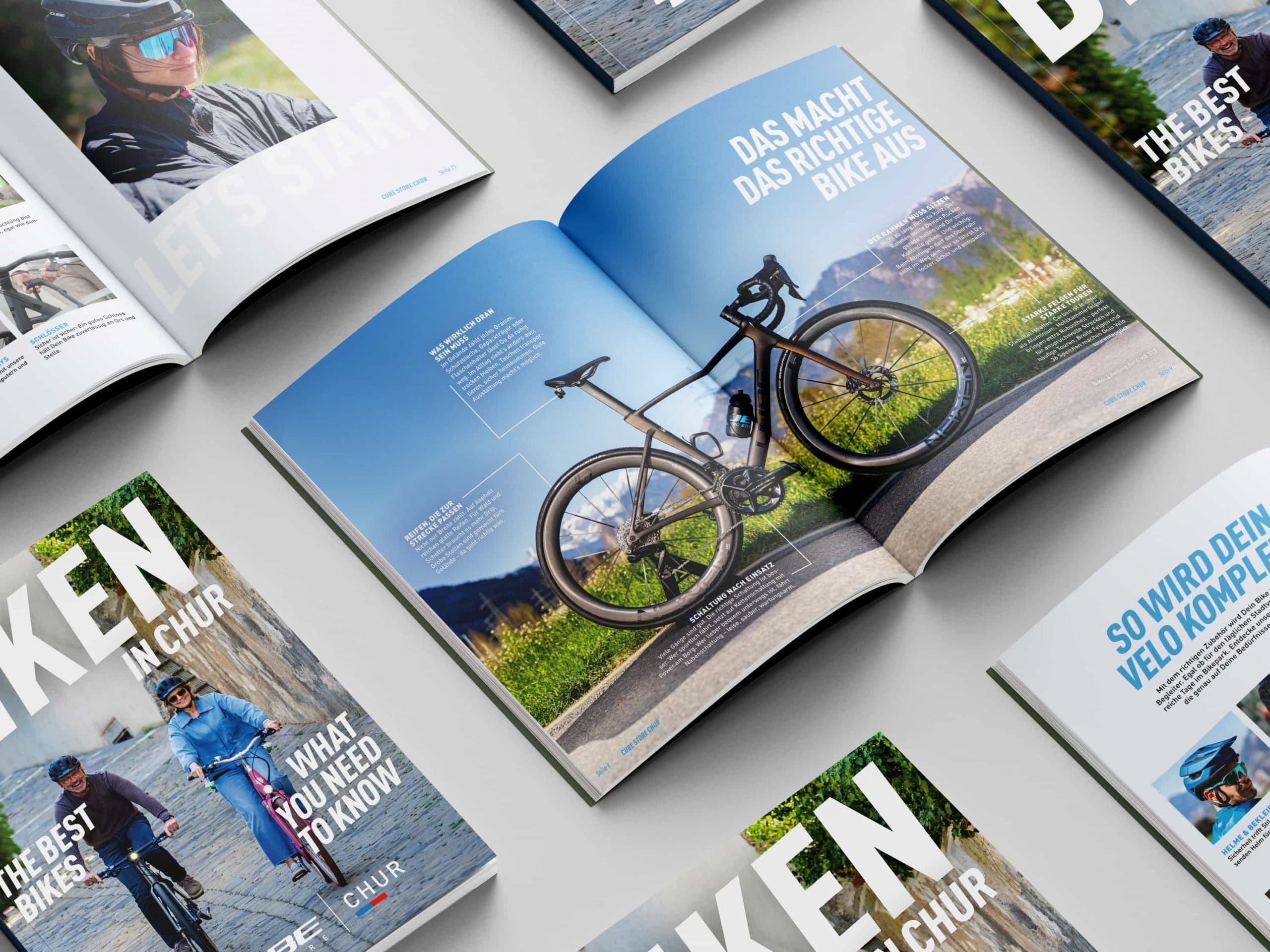 Sechs Ansichten des Magazins nebeneinander: zwei Titelseiten BIKEN IN CHUR und vier Innenseiten, darunter LET'S START und SO WIRD DEIN VELO KOMPLETT.