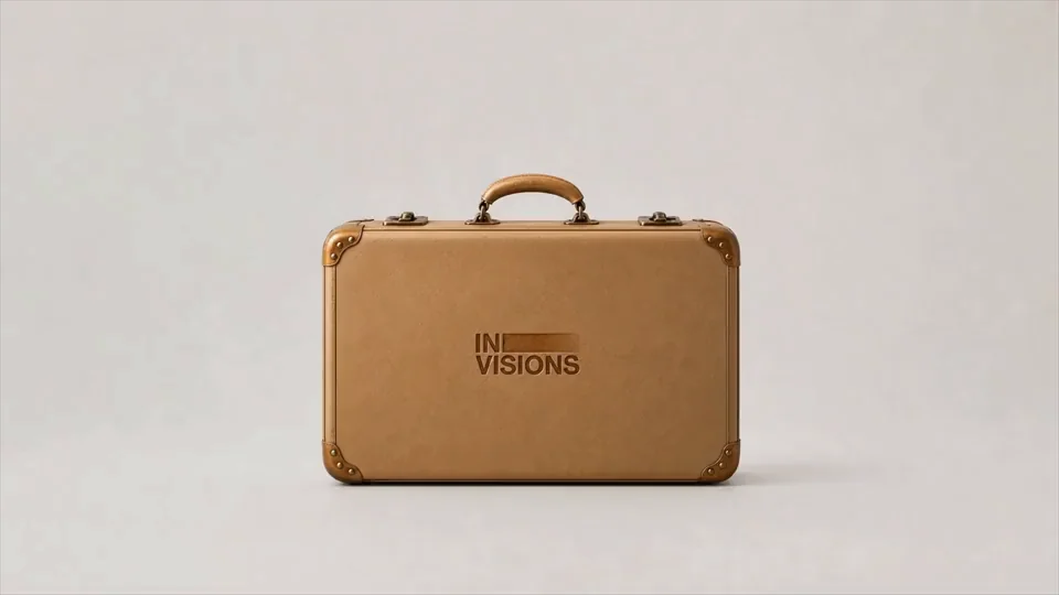 Geschlossener Vintage-Koffer aus hellem Leder mit geprägtem Invisions-Schriftzug vor hellgrauem Grund.