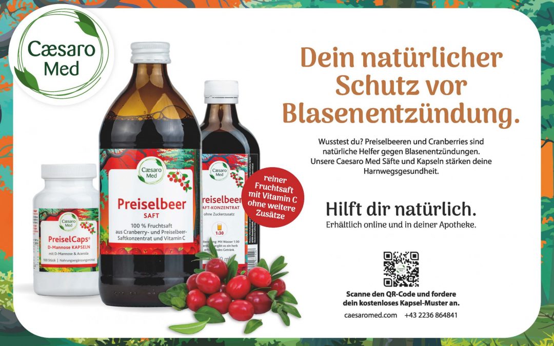 Flaschen und eine Schachtel mit Cranberry-Produkten von Caesaro Med sind mit Cranberries und Blättern ausgestellt. Ein Text in deutscher Sprache wirbt für den natürlichen Schutz vor Blasenentzündungen und hebt Vitamin C und natürliche Inhaltsstoffe hervor.