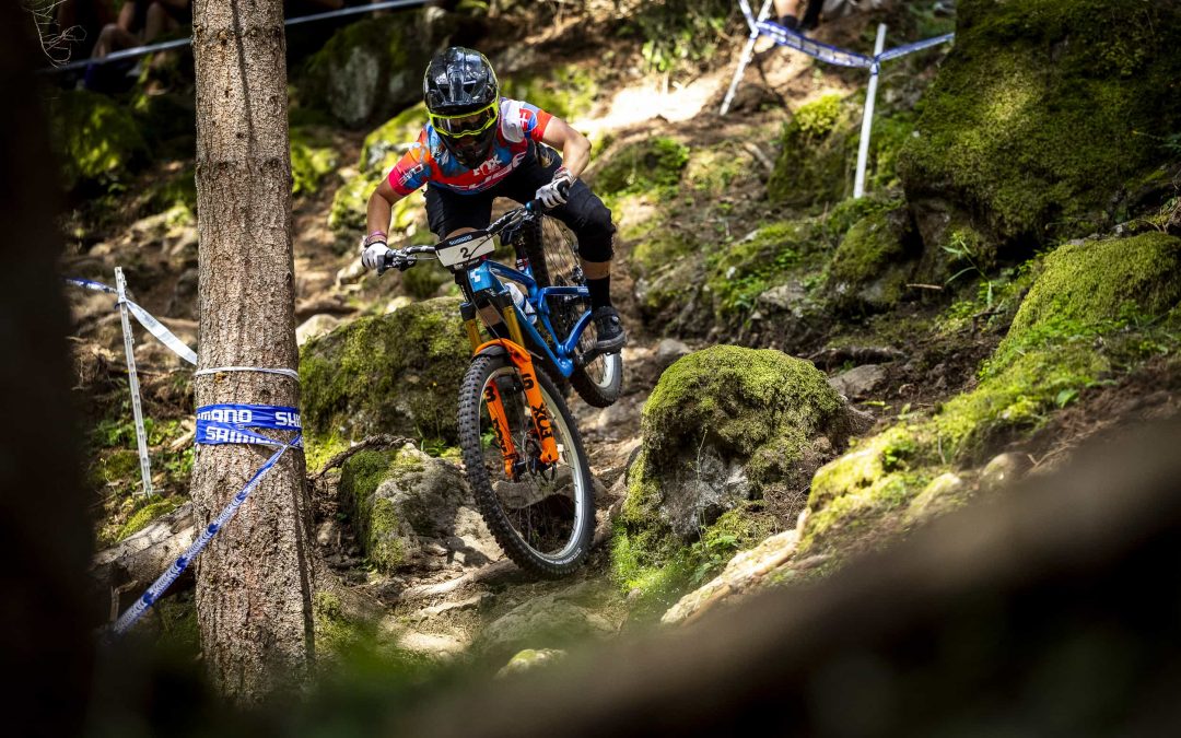 Ein Mountainbiker mit Helm und farbenfroher Ausrüstung fährt während eines Rennens mit hoher Geschwindigkeit einen felsigen, moosbewachsenen Waldweg hinunter und manövriert dabei um einen Baum und aufgeklebte Streckenmarkierungen herum.